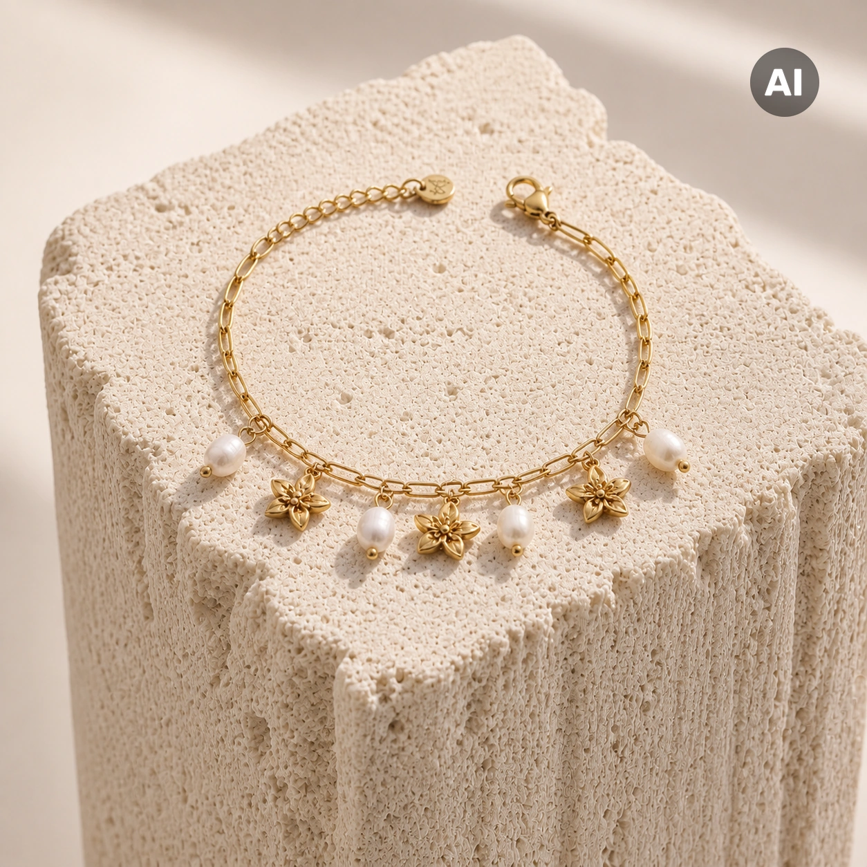 Armband mit Paperclip-Kette, Blüten und Süßwasserperlen, goldfarben