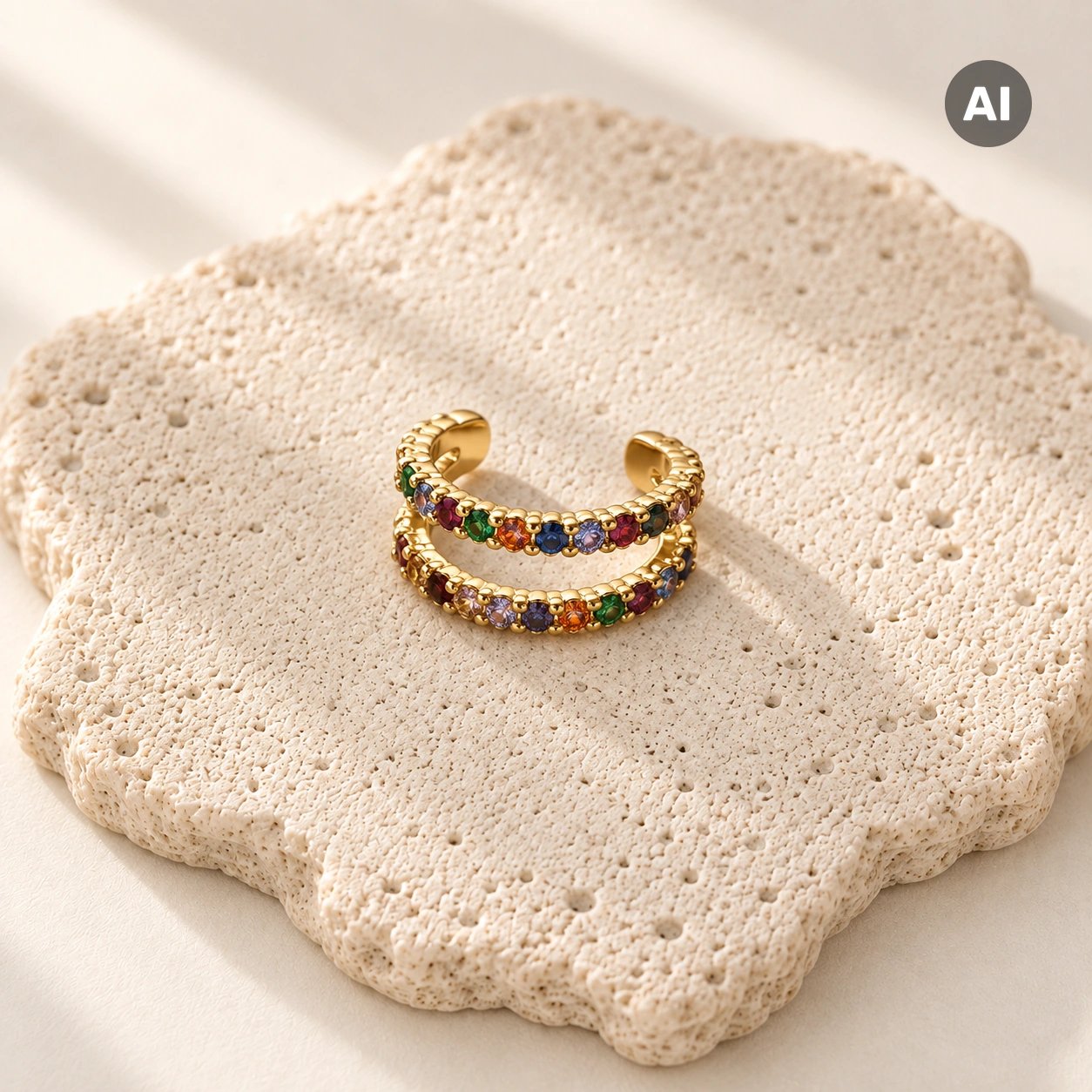 Ear Cuff mit zwei bunten Besatz-Reihen und gerilltem Rand, goldfarben