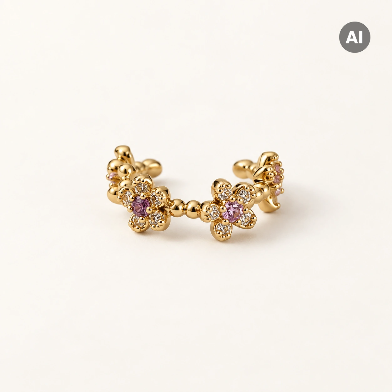 Ear Cuff mit Blüten und Kugelrand, goldfarben
