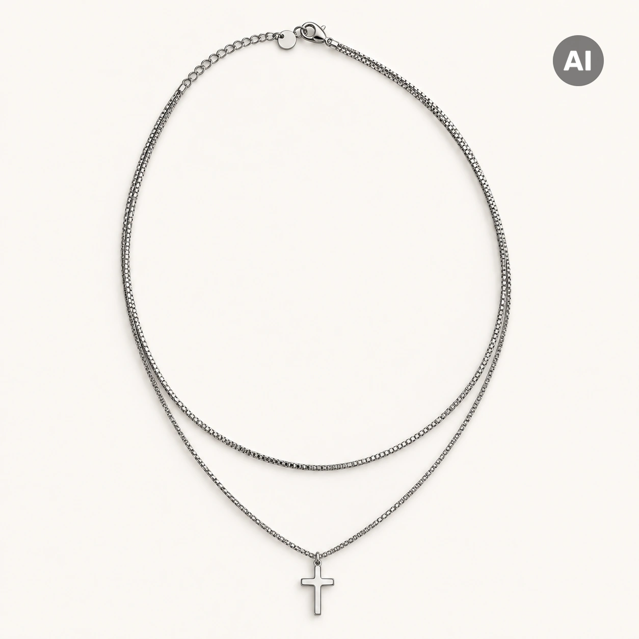 Halskette mit zwei Ketten und Kreuz-Anhänger, silberfarben