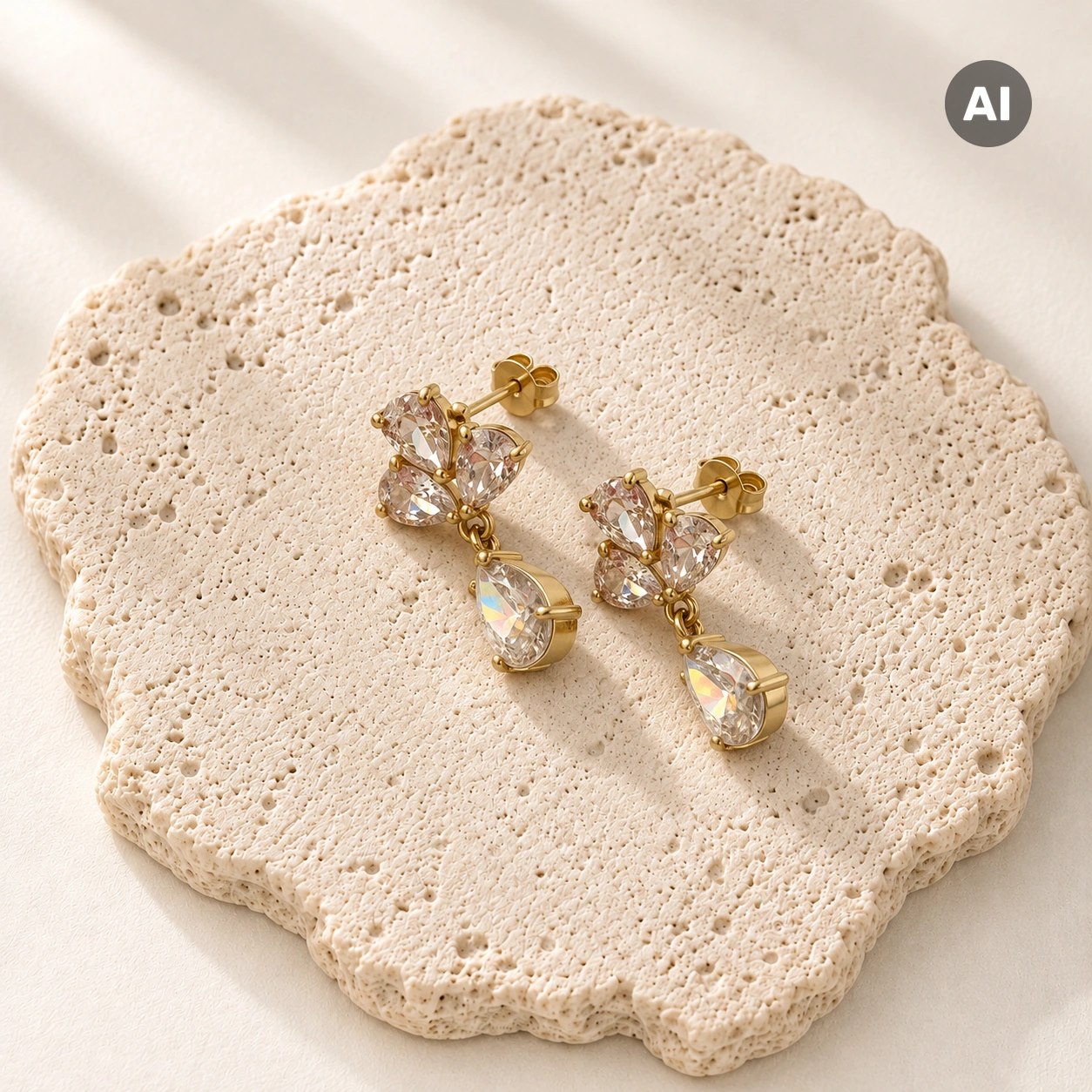 Ohrstecker mit drei Zirkonia und Tropfenanhänger, goldfarben