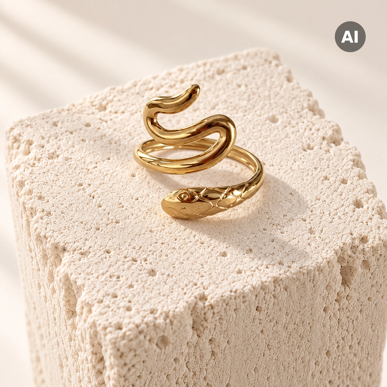 Ring mit offenem Schlangenprofil und Kopf, goldfarben