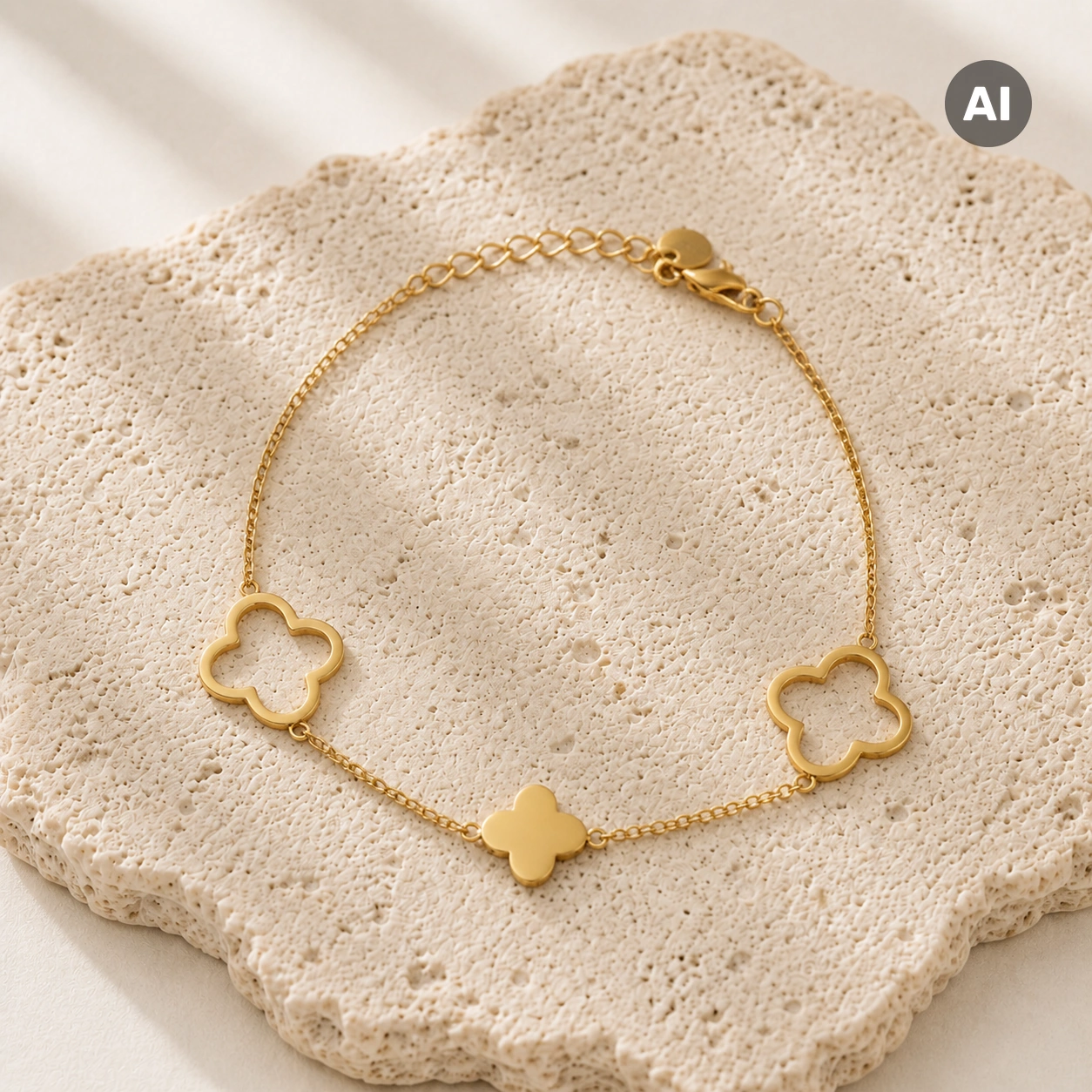 Armband mit drei Kleeblatt-Stationen und Verlängerung, goldfarben