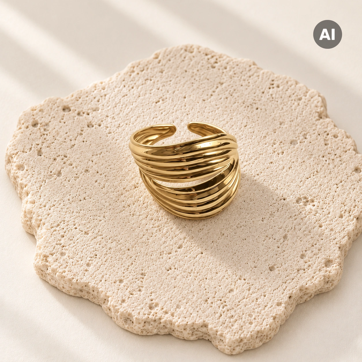 Ring mit offenem breitem Profil und gerillter Oberfläche, goldfarben
