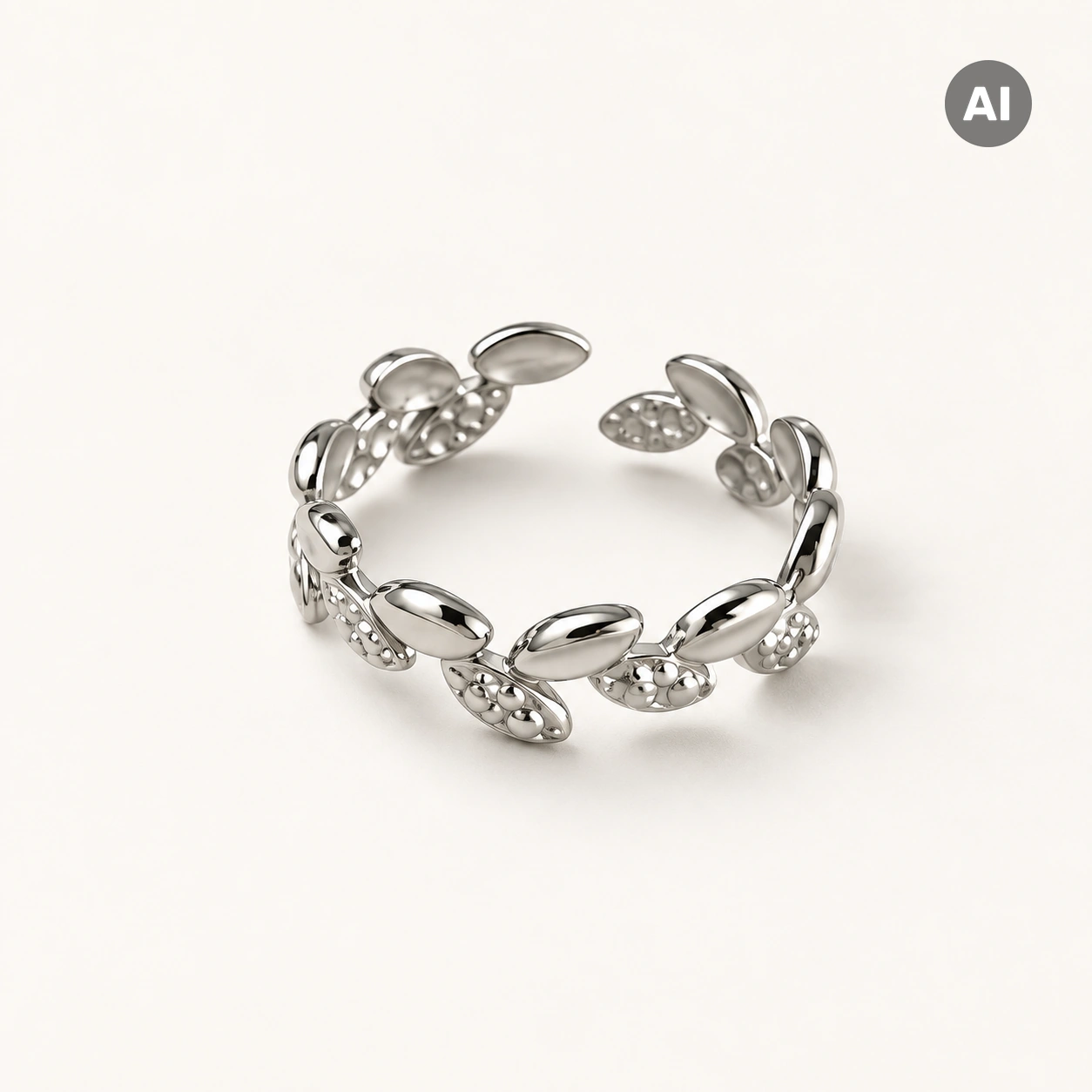 Ring mit offenem Blatt-Profil und Struktur, silberfarben