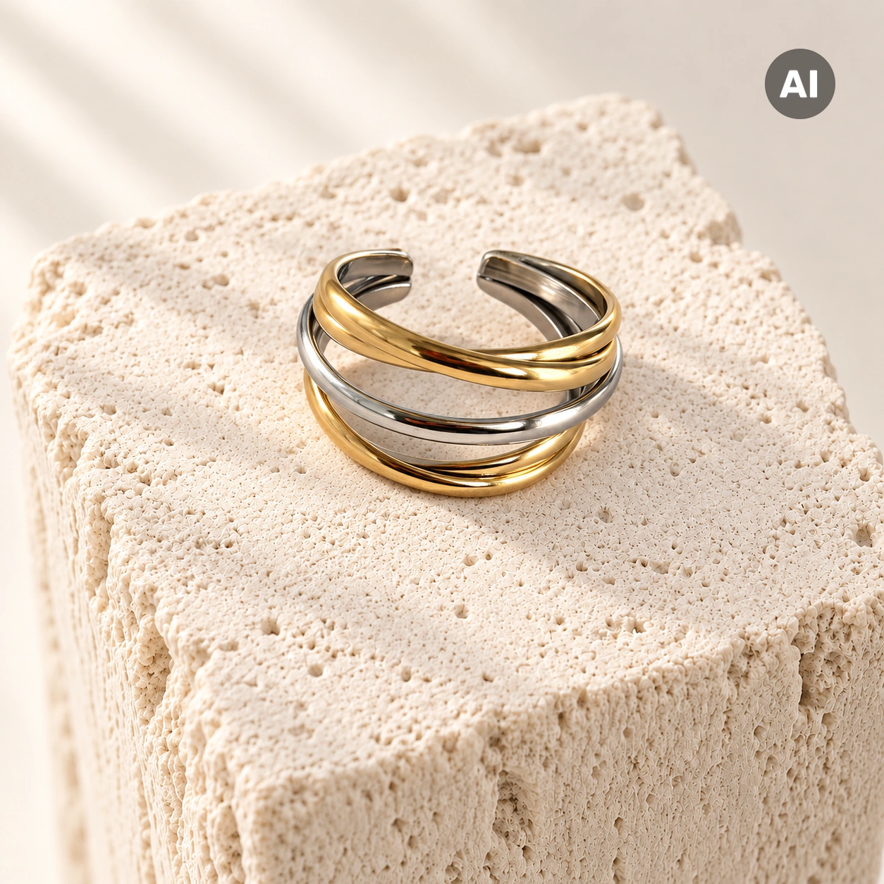 Ring mit offenem Profil und glatten Segmenten, gold- und silberfarben