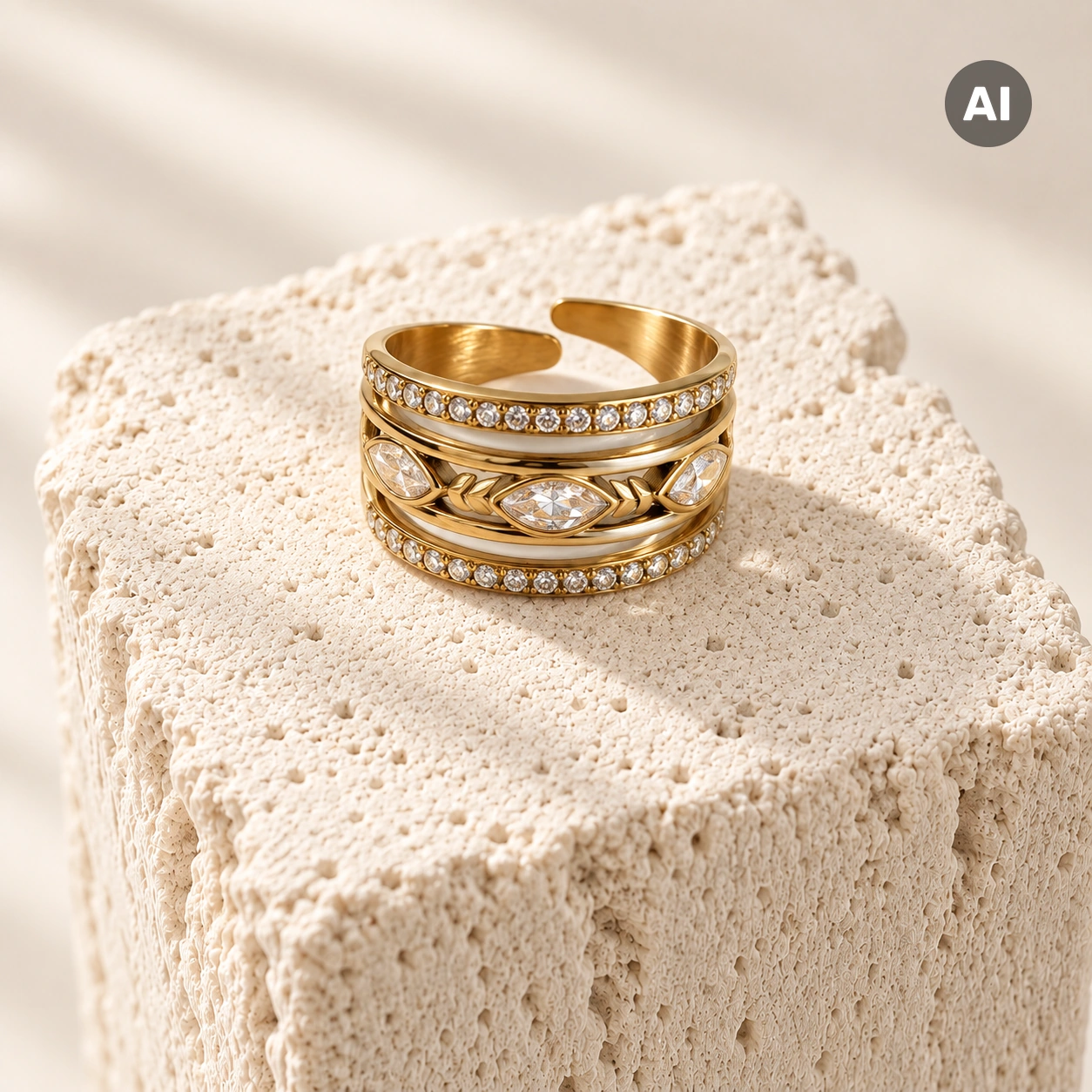 Ring mit breitem Profil, klarem Besatz und Marquise, goldfarben