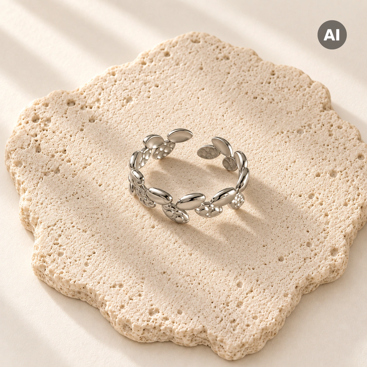 Ring mit offenem Blatt-Profil und Struktur, silberfarben