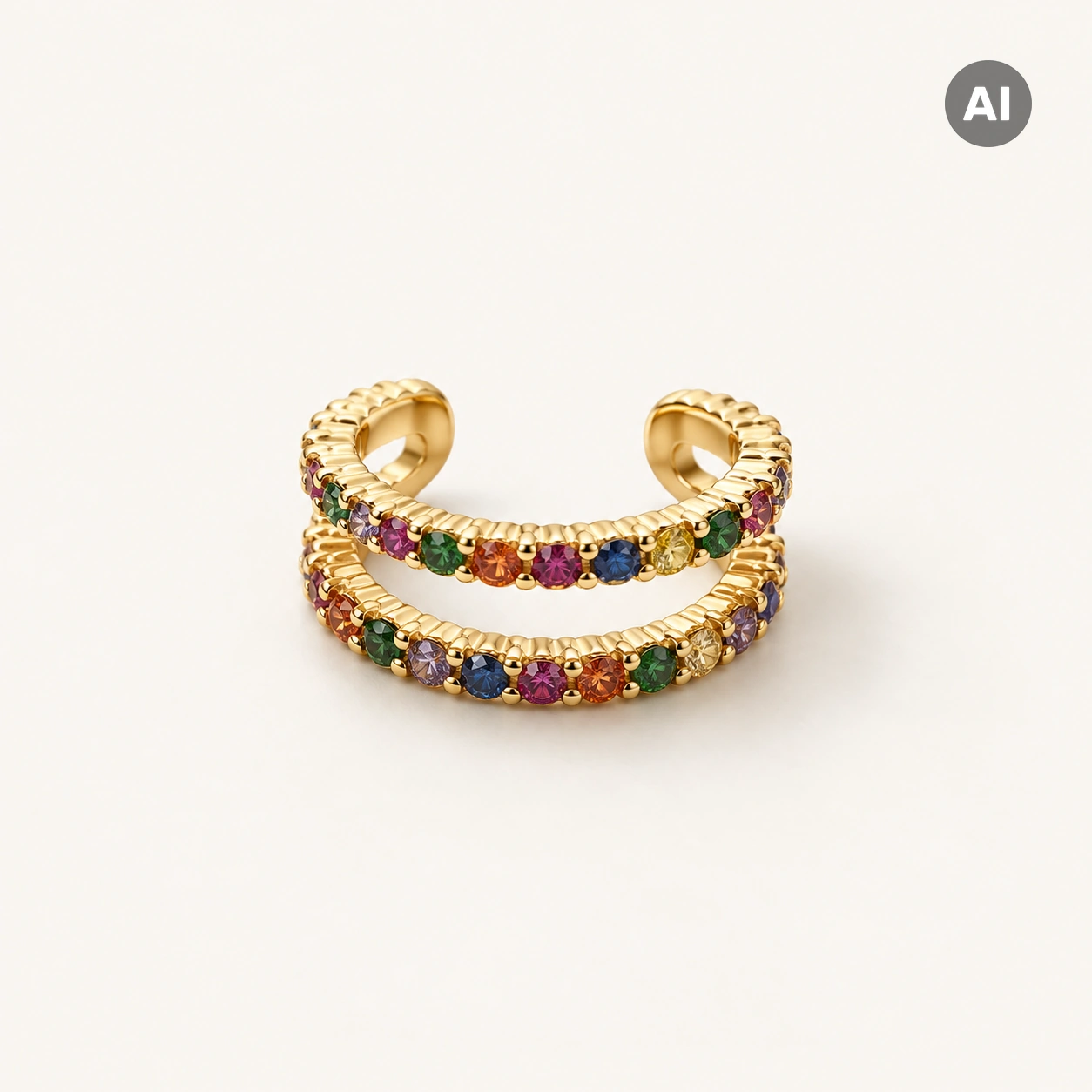Ear Cuff mit zwei bunten Besatz-Reihen und gerilltem Rand, goldfarben