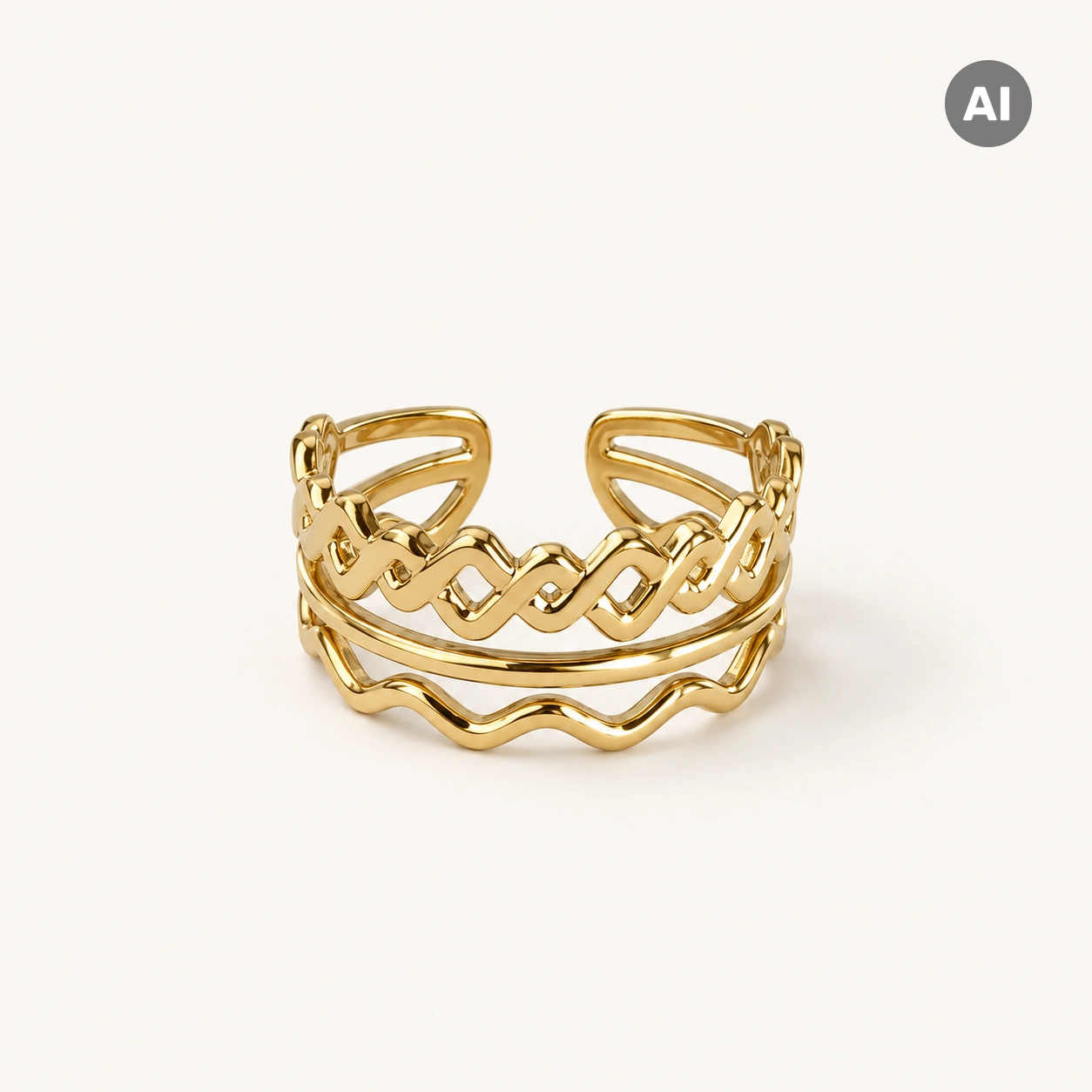 Ring mit offenem Profil, Gliederkette und Welle, goldfarben
