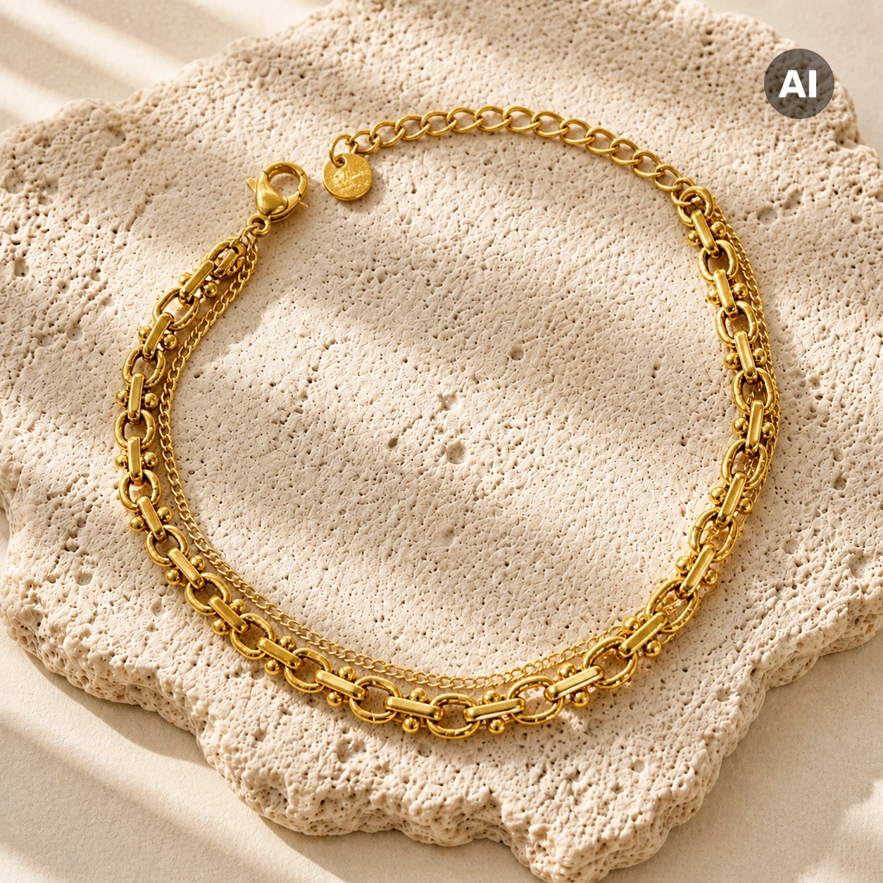 Armband mit Paperclip-Gliedern und Kugelkette, goldfarben