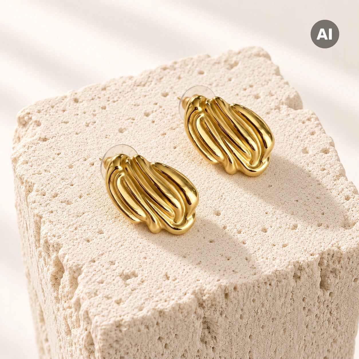 Ohrstecker mit gewölbtem Fächer und gerillter Oberfläche, goldfarben