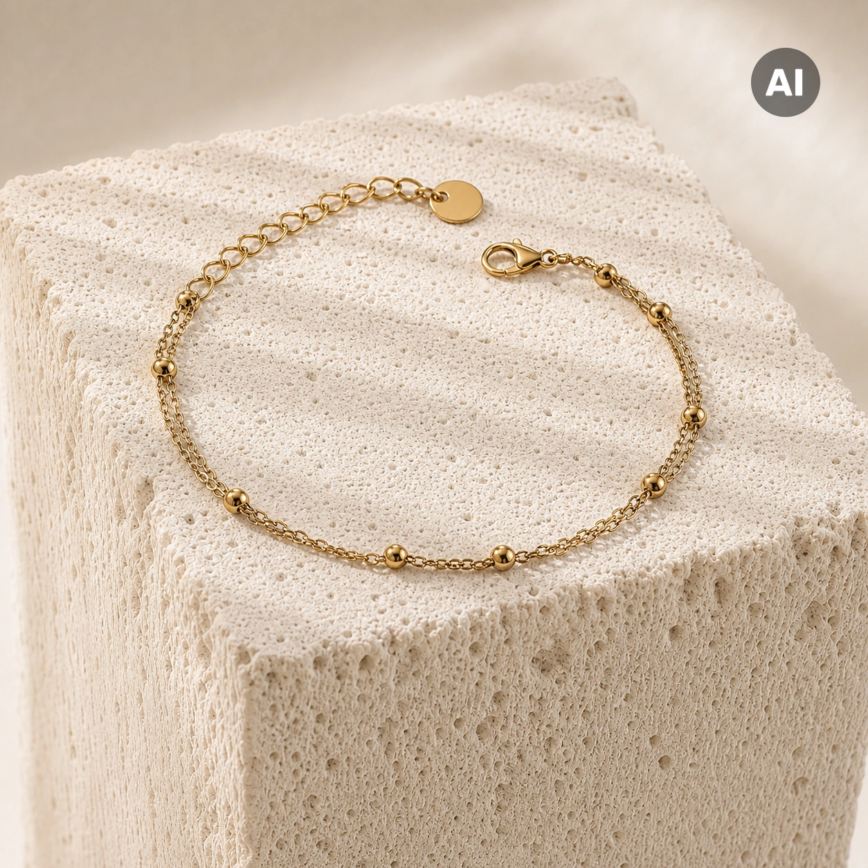 Armband mit doppelter Kette und Kugel-Stationen, goldfarben