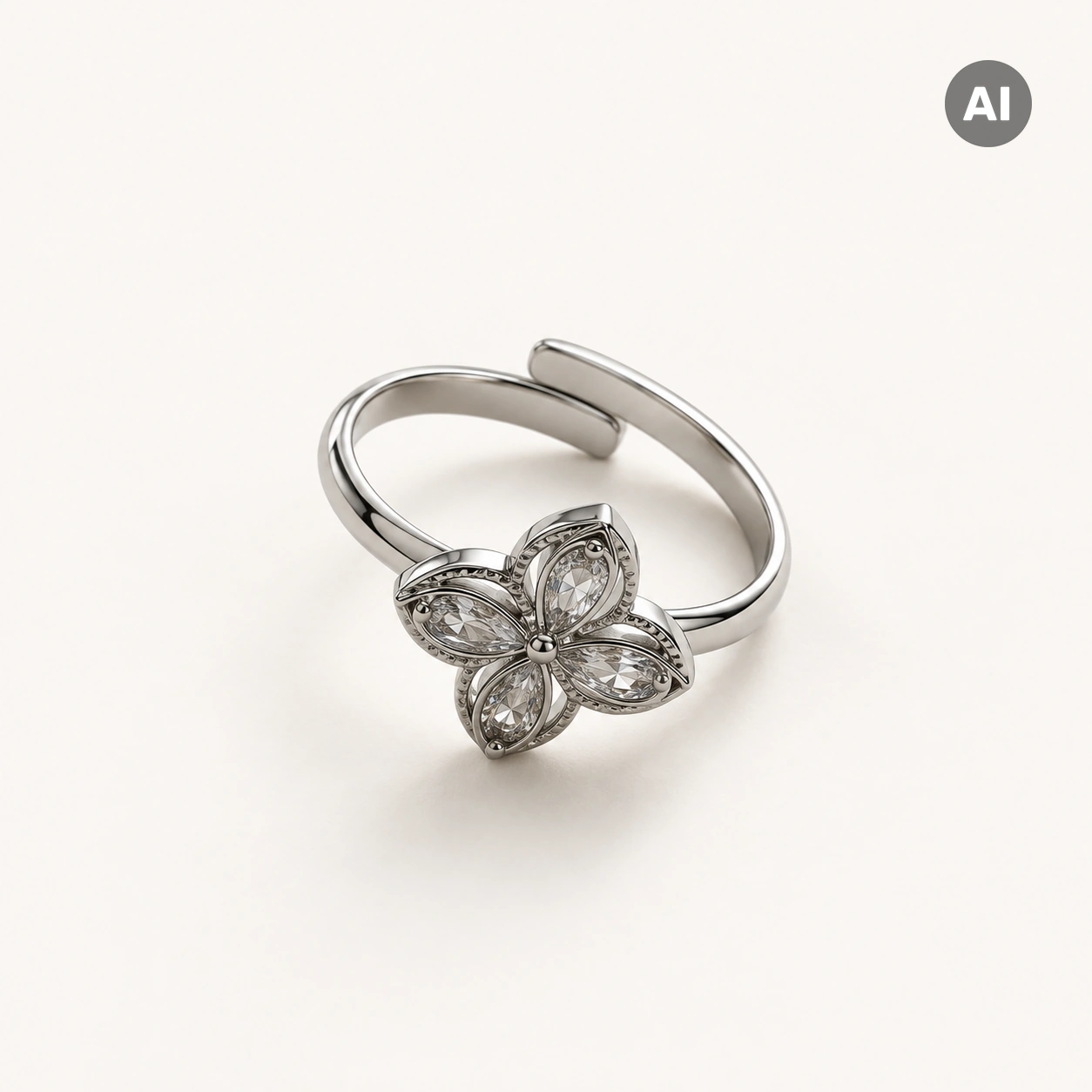 Ring mit offenem Profil und Blume aus Zirkonia, silberfarben