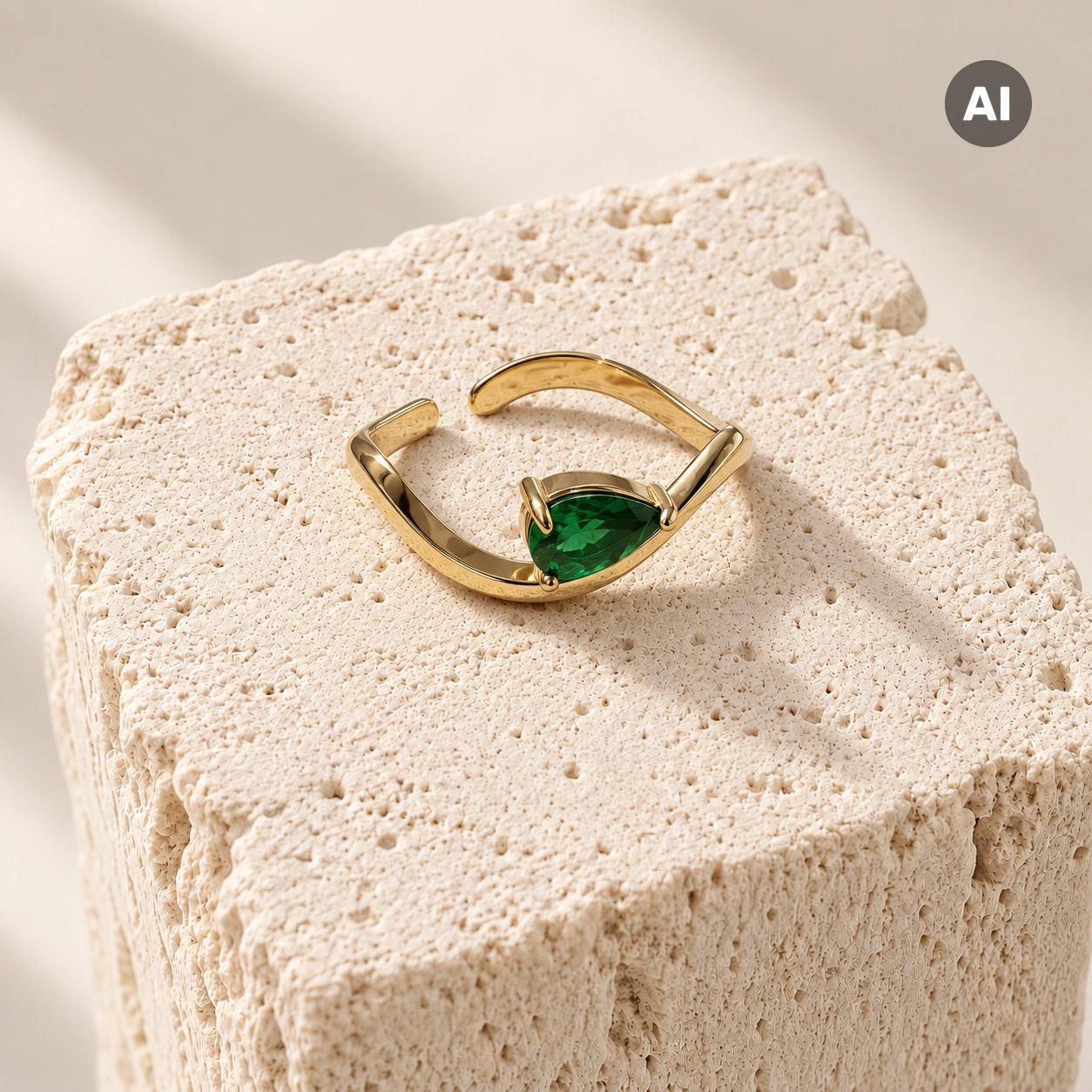 Ring mit offenem Profil und grünem Stein in Krappenfassung, goldfarben