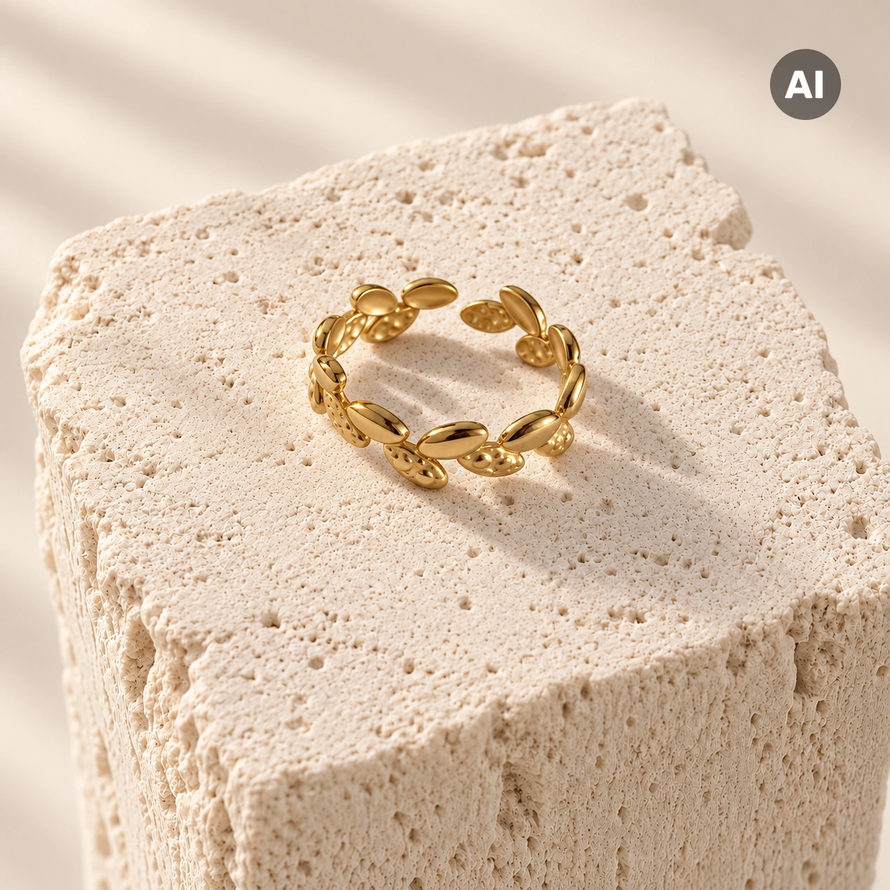 Ring mit offenem Blatt-Profil und Struktur, goldfarben