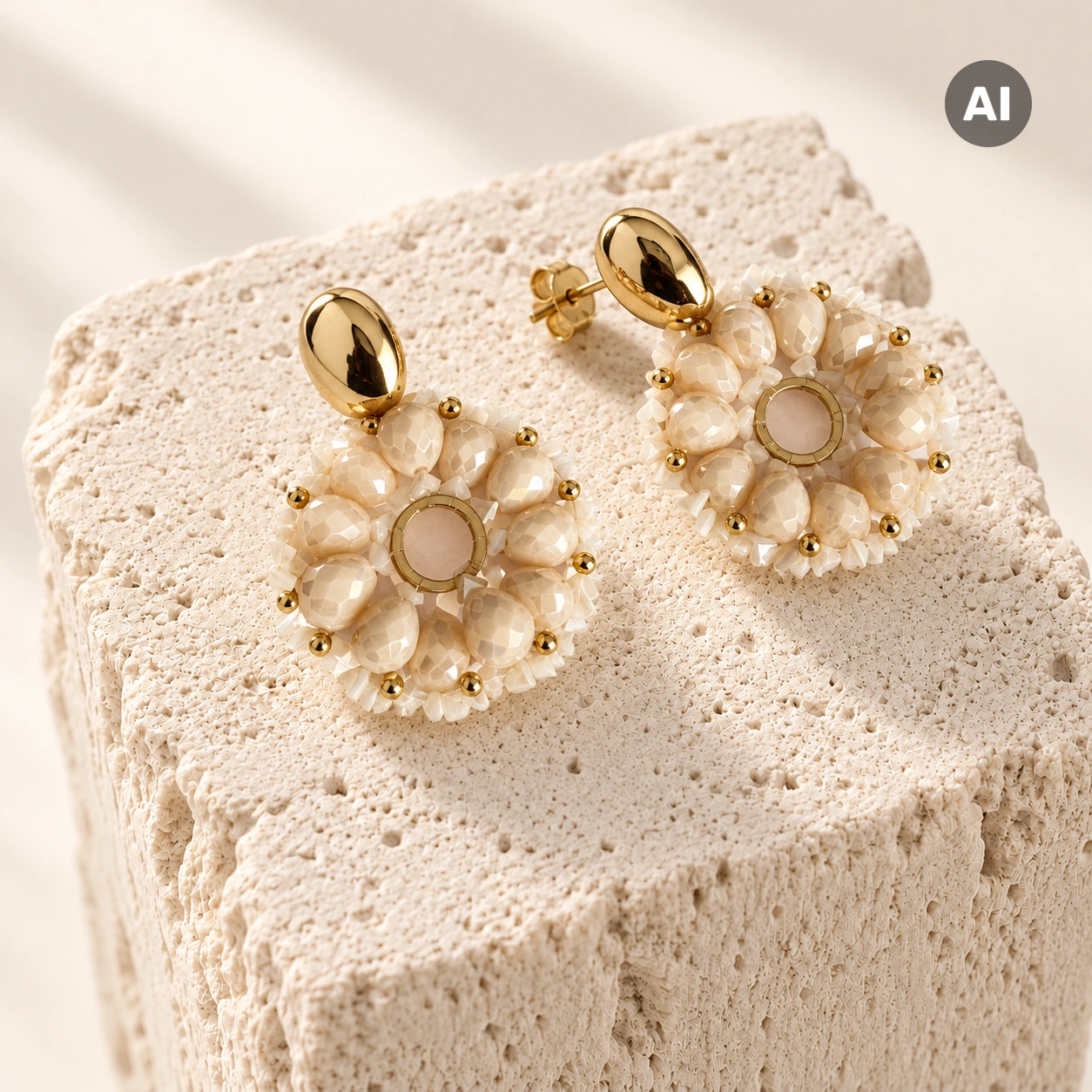 Ohrhänger mit cremefarbenen Glasperlen und Kugelrand, goldfarben