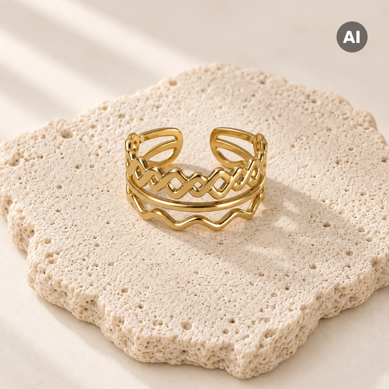 Ring mit offenem Profil, Gliederkette und Welle, goldfarben