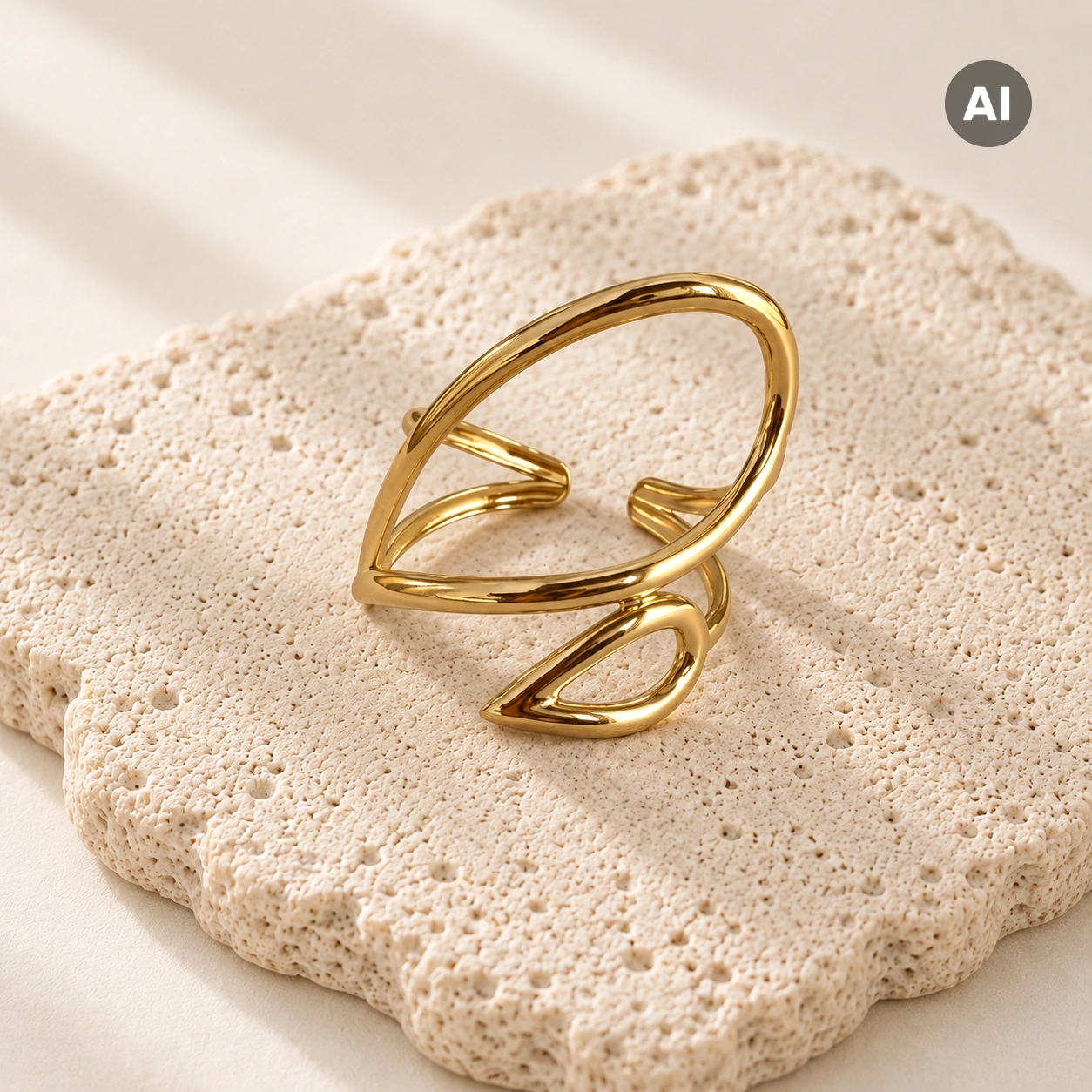 Ring mit offenem Profil und zwei Blatt-Elementen, goldfarben