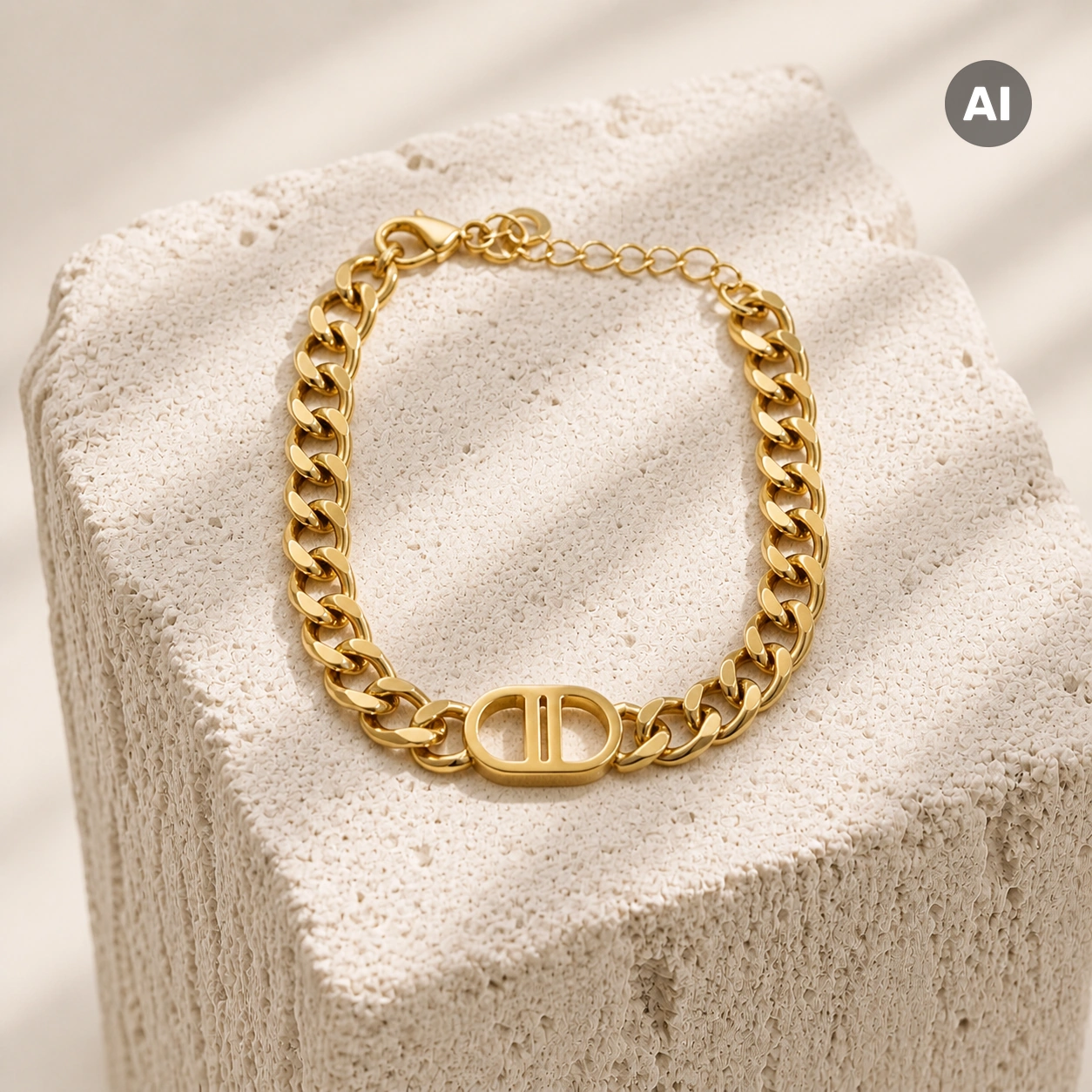 Armband mit breiter Panzerkette und Steg-Element, goldfarben