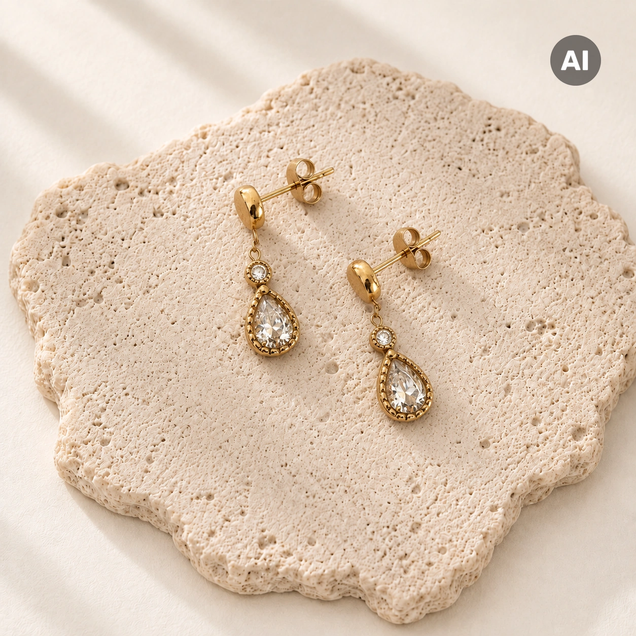 Ohrstecker mit Zirkonia und Tropfenanhänger mit Kugelrand, goldfarben