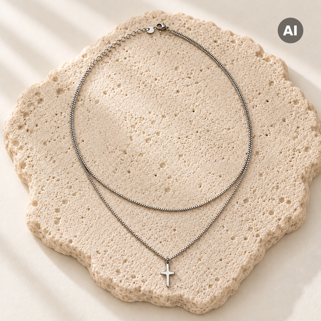 Halskette mit zwei Ketten und Kreuz-Anhänger, silberfarben