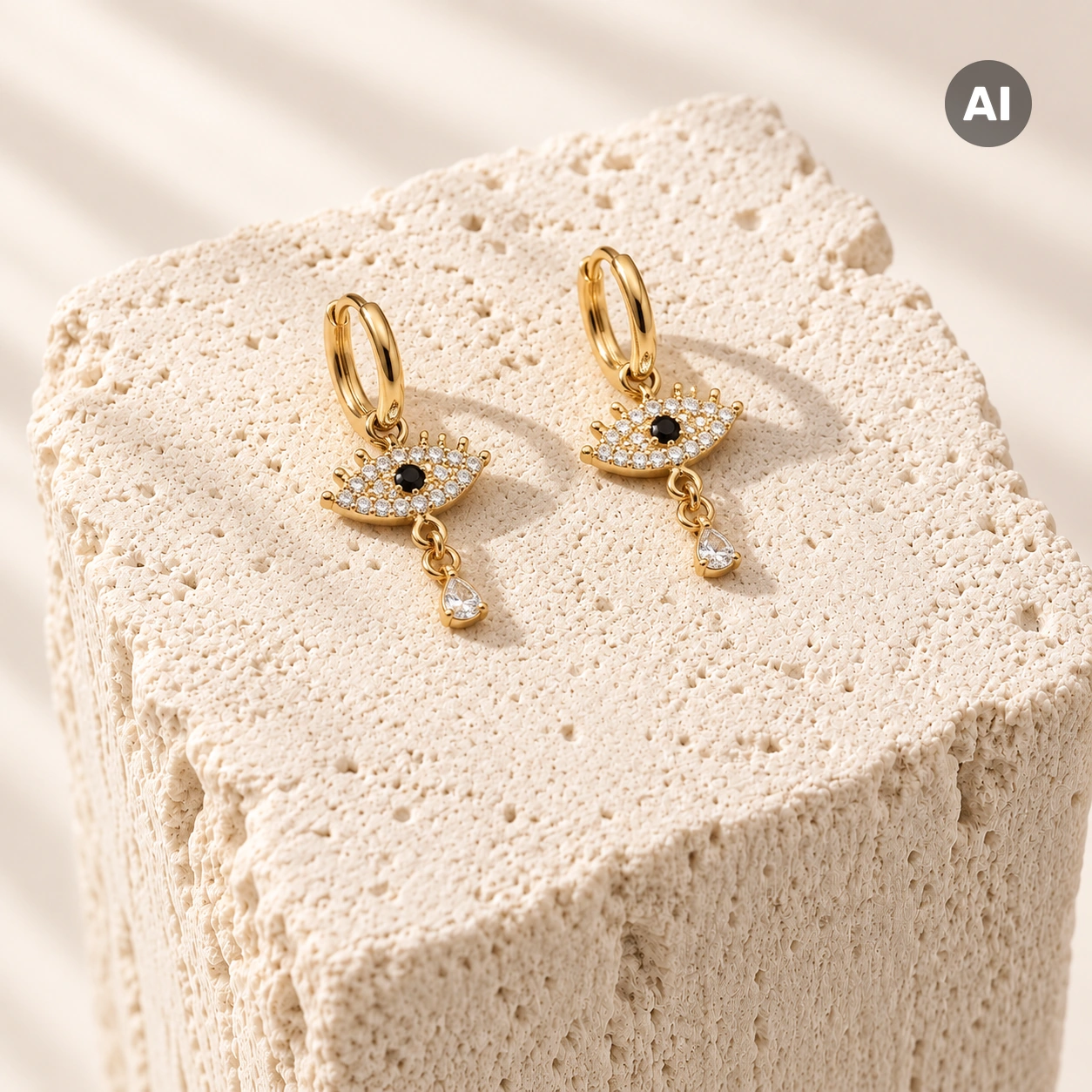 Ohrhänger mit Auge und Zirkonia-Tropfen, goldfarben