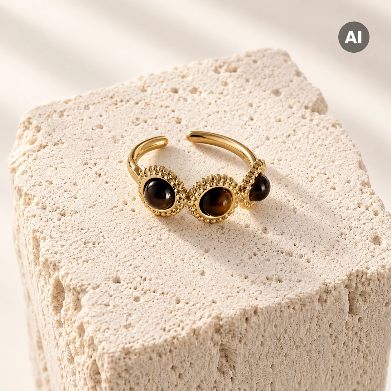 Ring mit drei braunen Steinen und Kugelrand, goldfarben