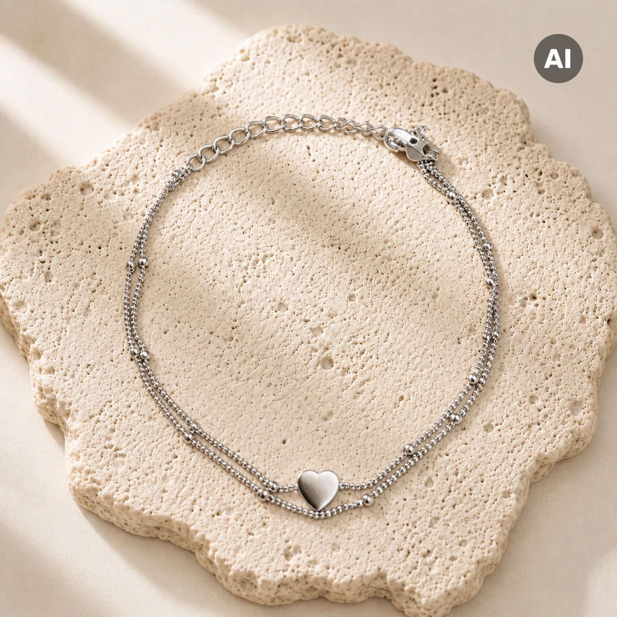 Armband mit doppelter Kugelkette und Herz-Element, silberfarben