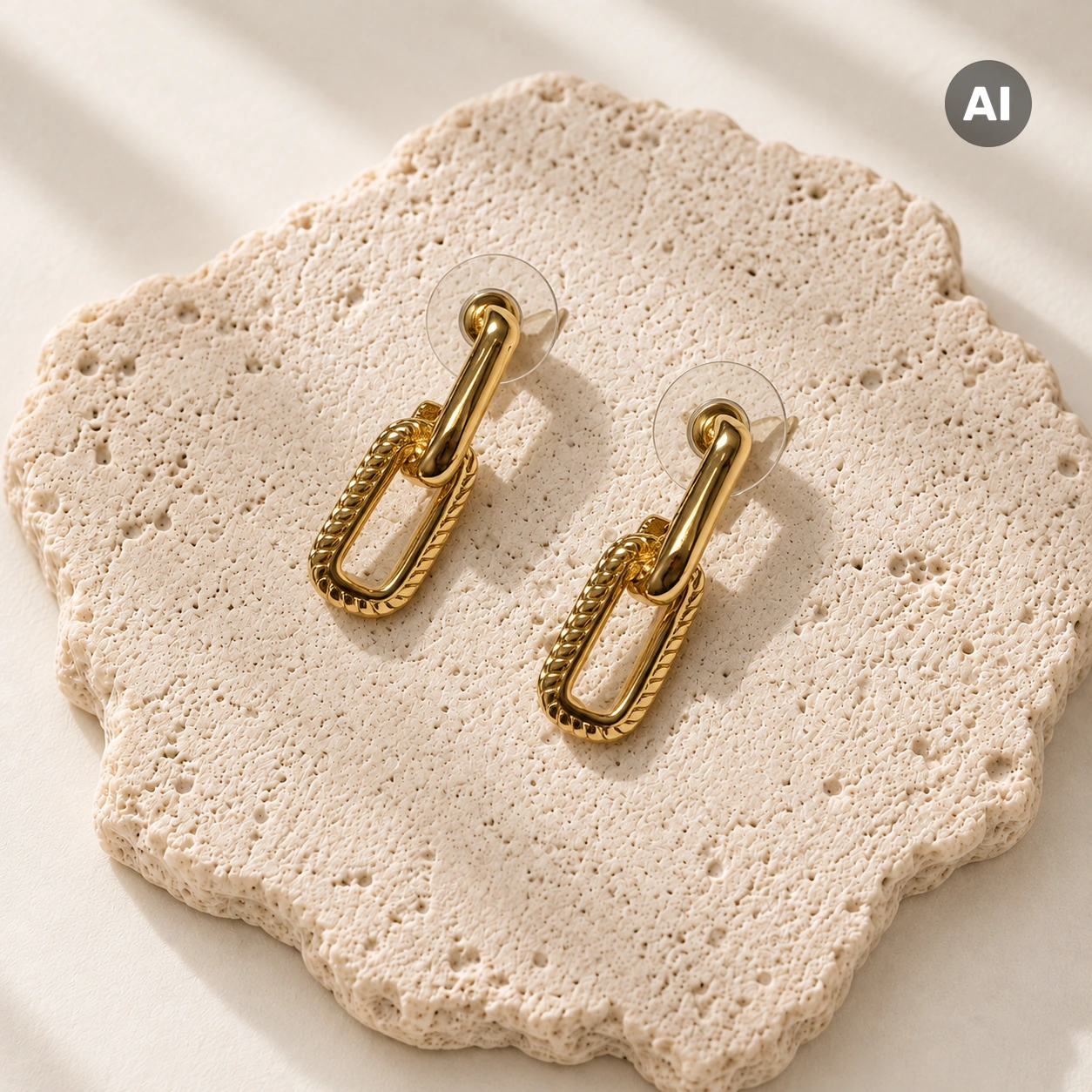 Ohrstecker mit Paperclip-Anhänger und gerilltem Rand, goldfarben