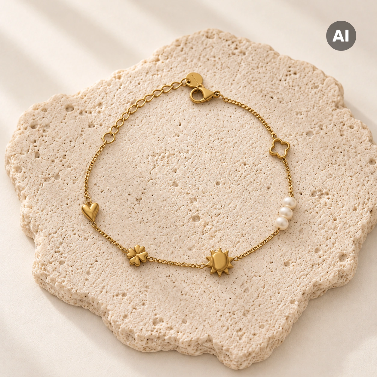 Armband mit Herz, Sonne, Kleeblatt, Perlen und Verlängerung, goldfarben