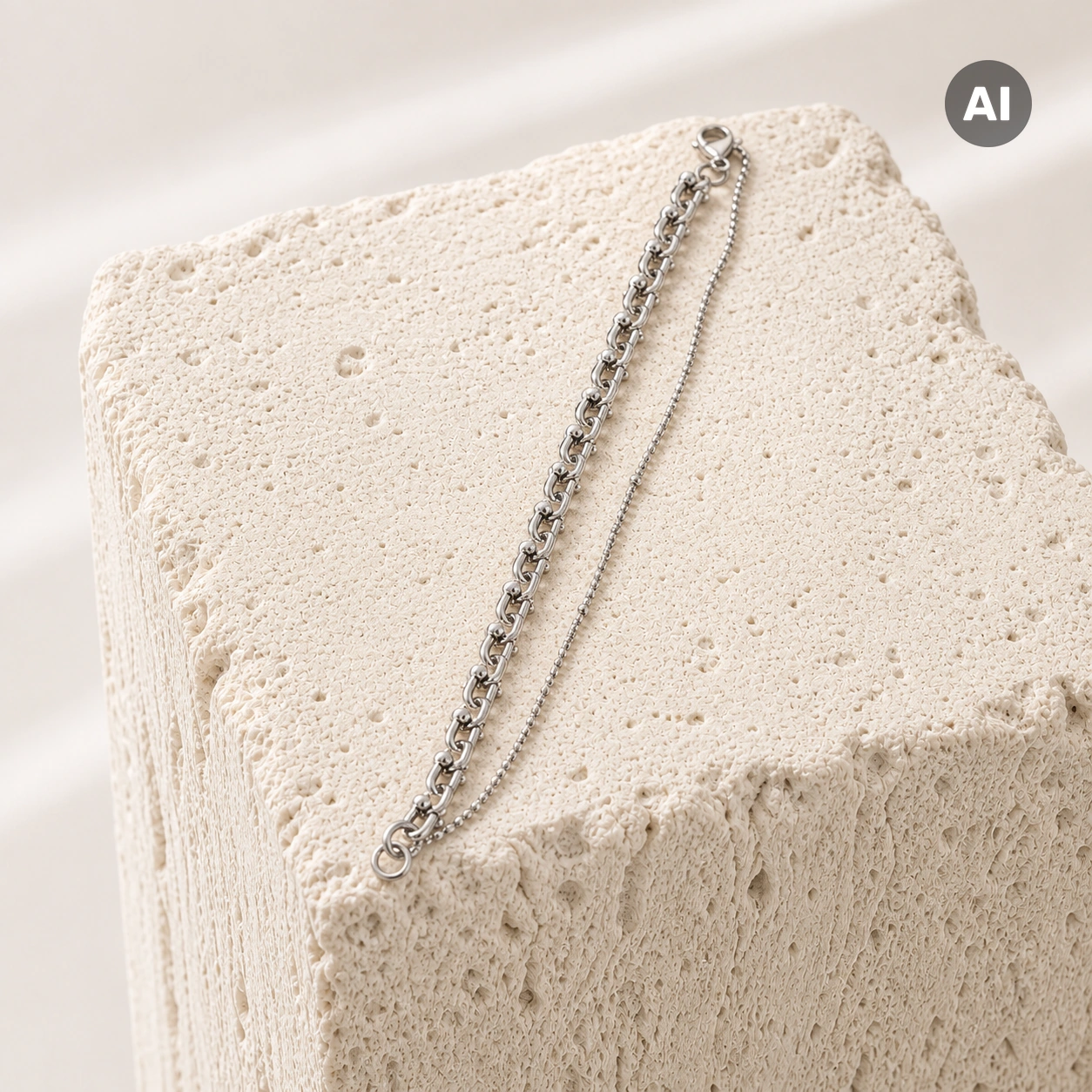 Armband mit Gliederkette und feiner Kette, silberfarben