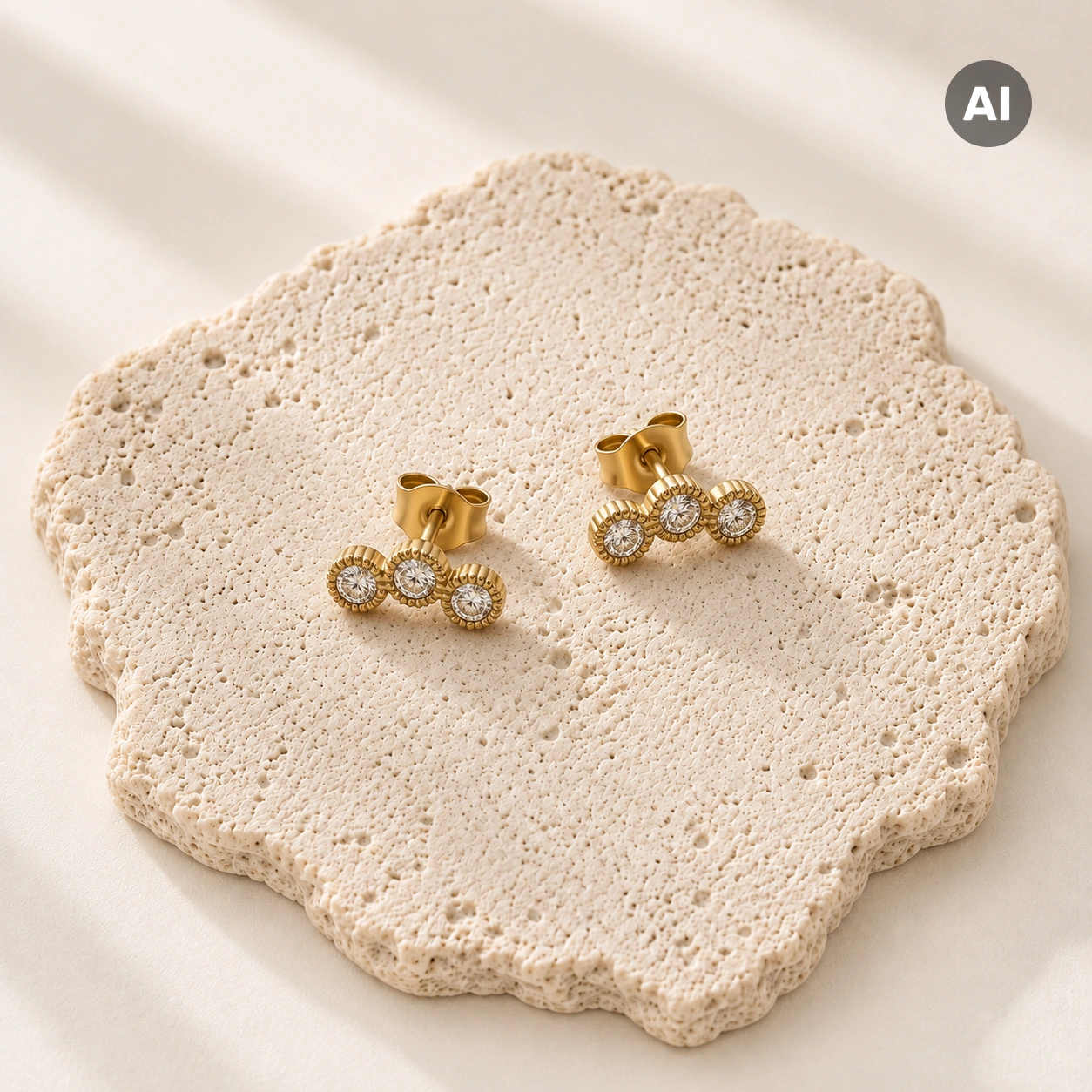 Ohrstecker mit drei Zirkonia und gerilltem Rand, goldfarben
