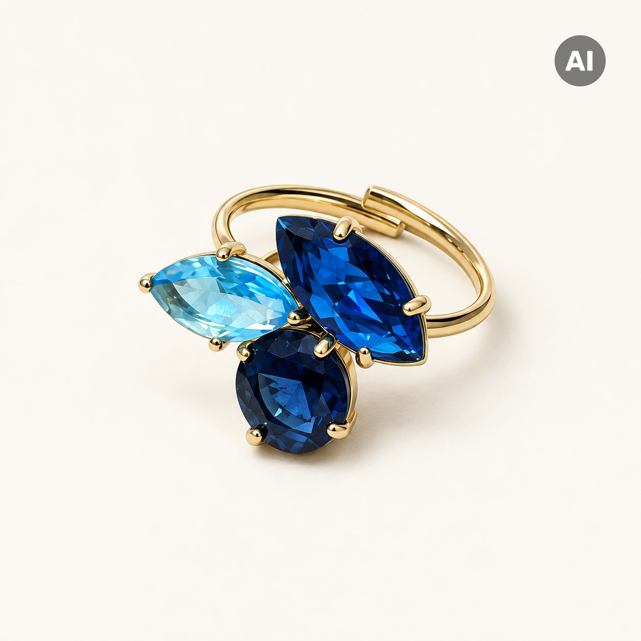 Ring mit offenem Profil und blauem Glasstein-Cluster, goldfarben