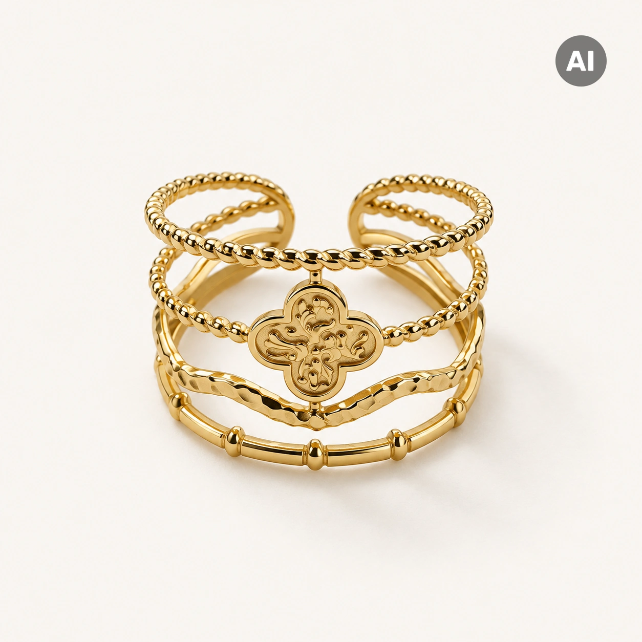 Ring mit offenem mehrreihigem Profil und Kleeblatt, goldfarben