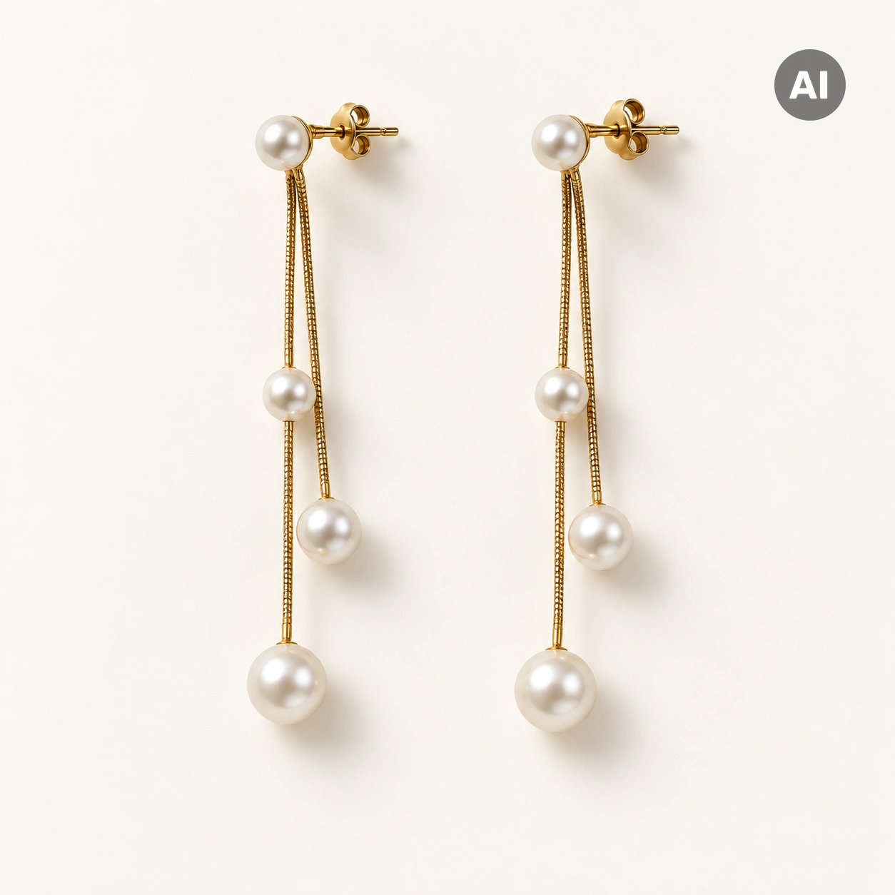 Ohrstecker mit drei Kunstperlen an Ketten, goldfarben