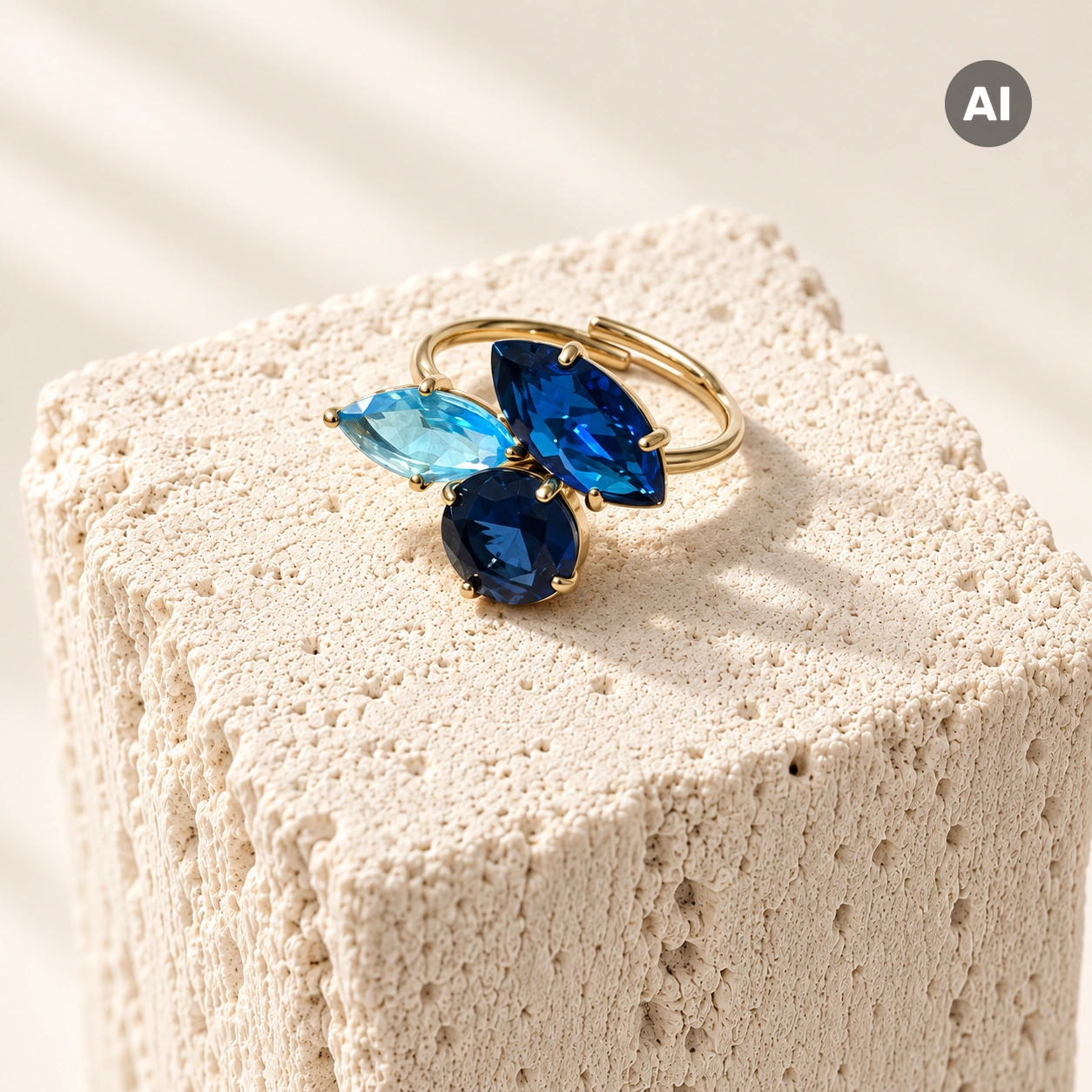 Ring mit offenem Profil und blauem Glasstein-Cluster, goldfarben