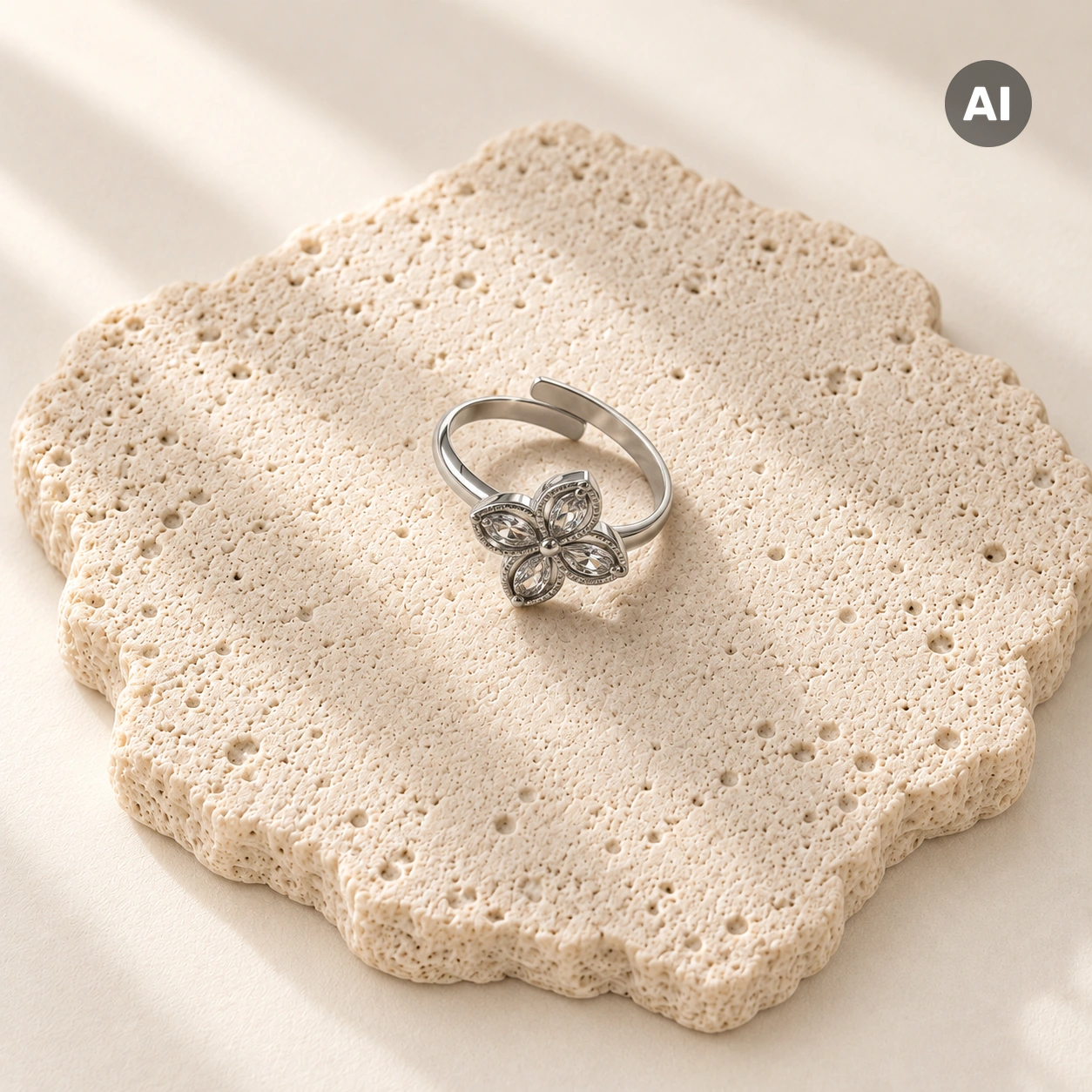 Ring mit offenem Profil und Blume aus Zirkonia, silberfarben