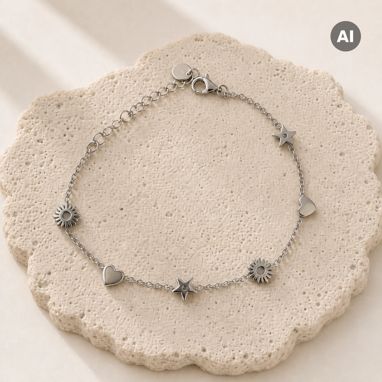 Armband mit Sonne, Stern und Herz-Stationen, silberfarben