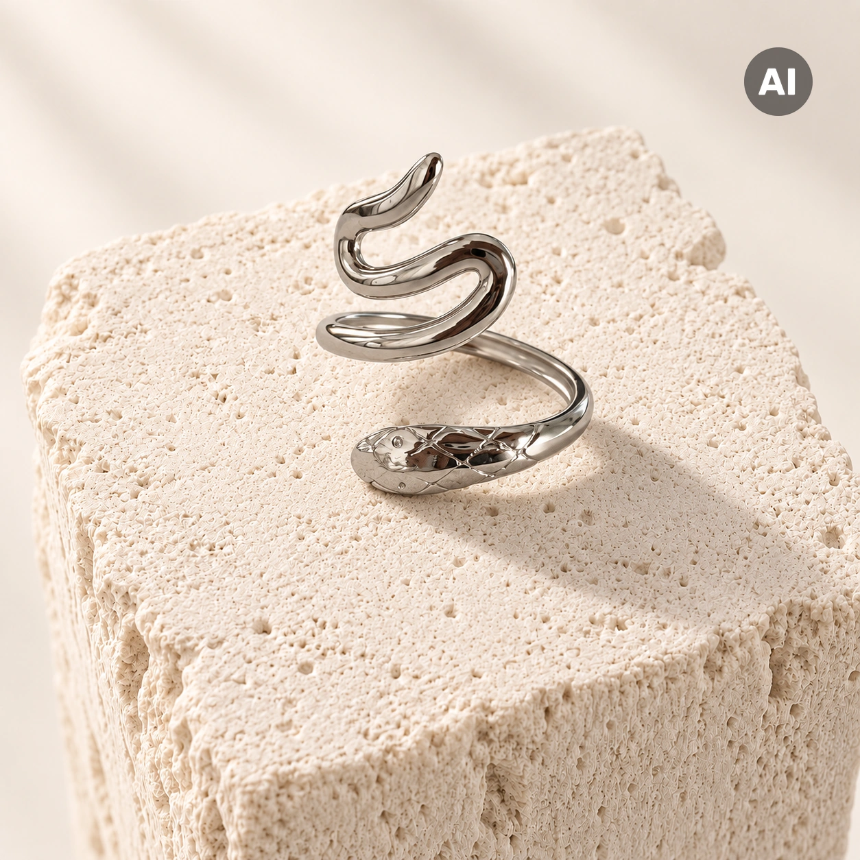 Ring mit offenem Schlangenprofil und Kopf, silberfarben