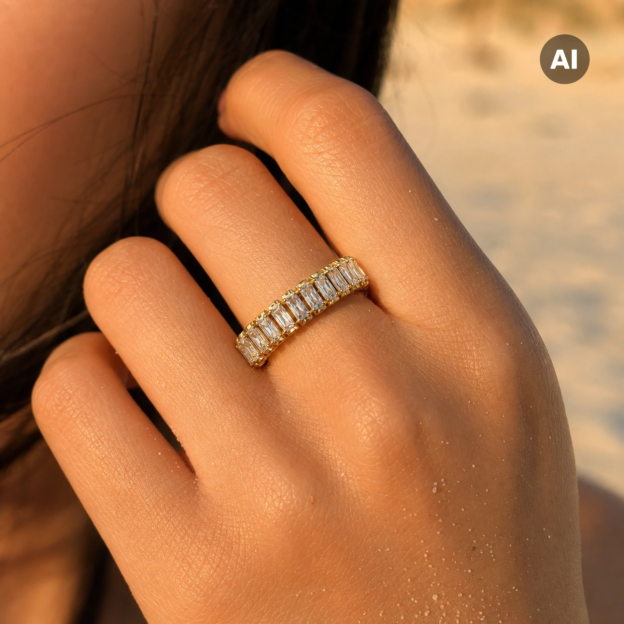 Ring mit offenem Profil und Zirkonia-Baguette-Reihe, goldfarben