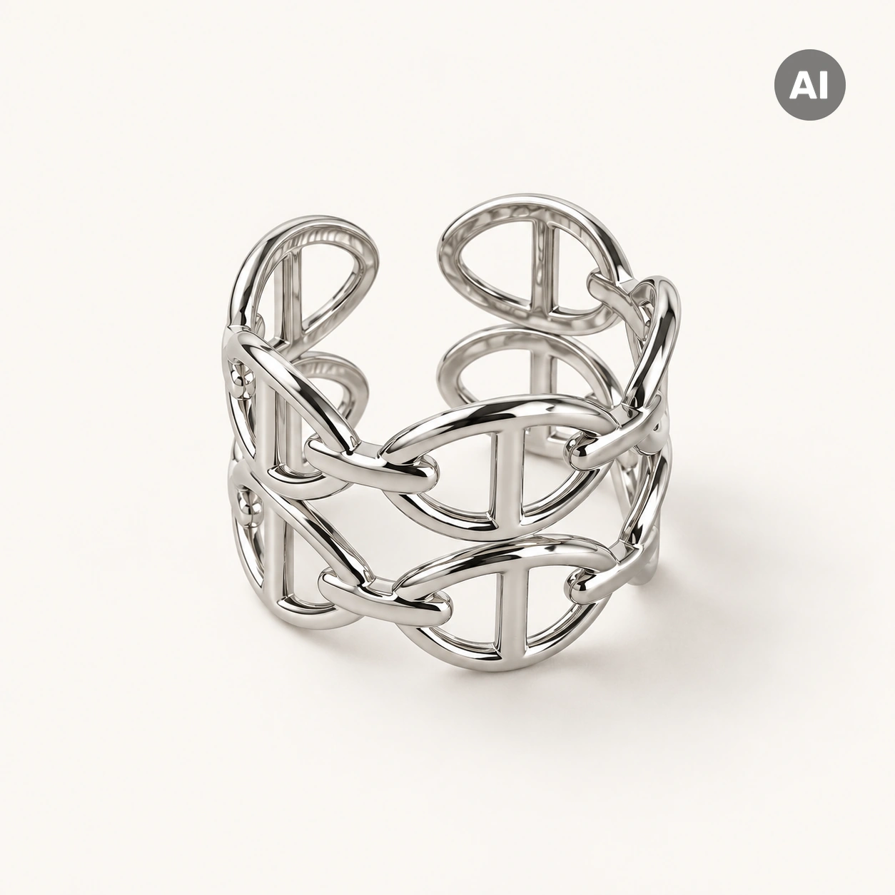 Ring mit offener zweireihiger Gliederkette und Stegen, silberfarben