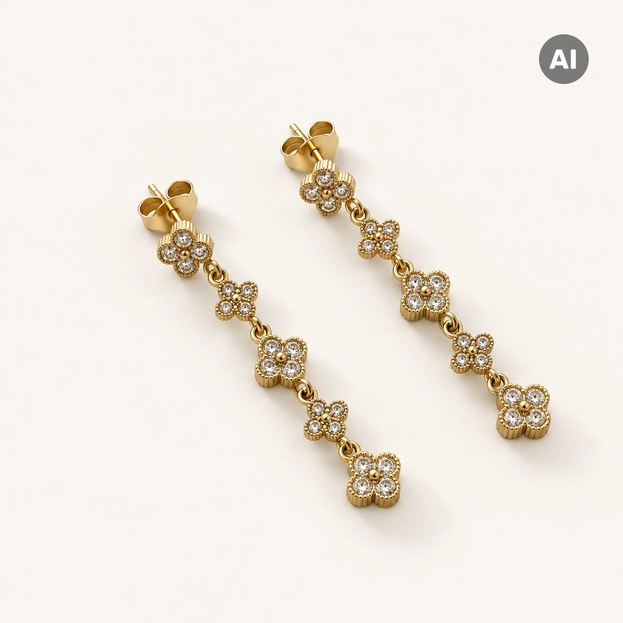 Ohrstecker mit Blüte und Zirkonia-Besatz an Kette, goldfarben