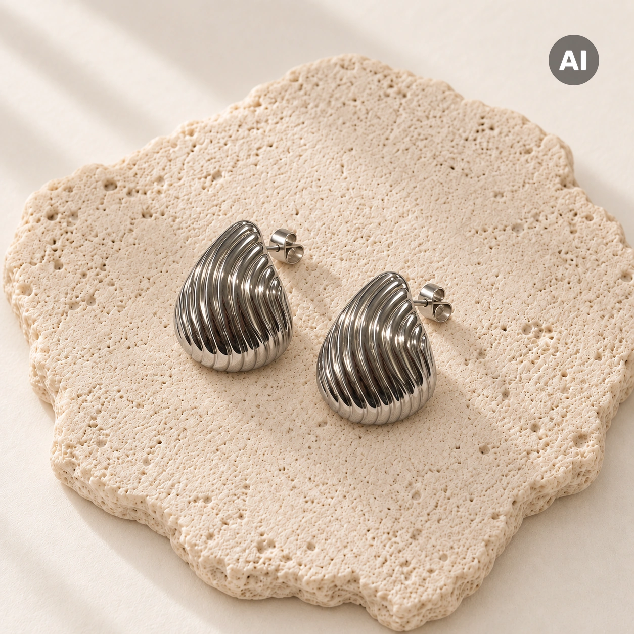 Ohrstecker mit gewölbtem Tropfen und gerippter Oberfläche, silberfarben