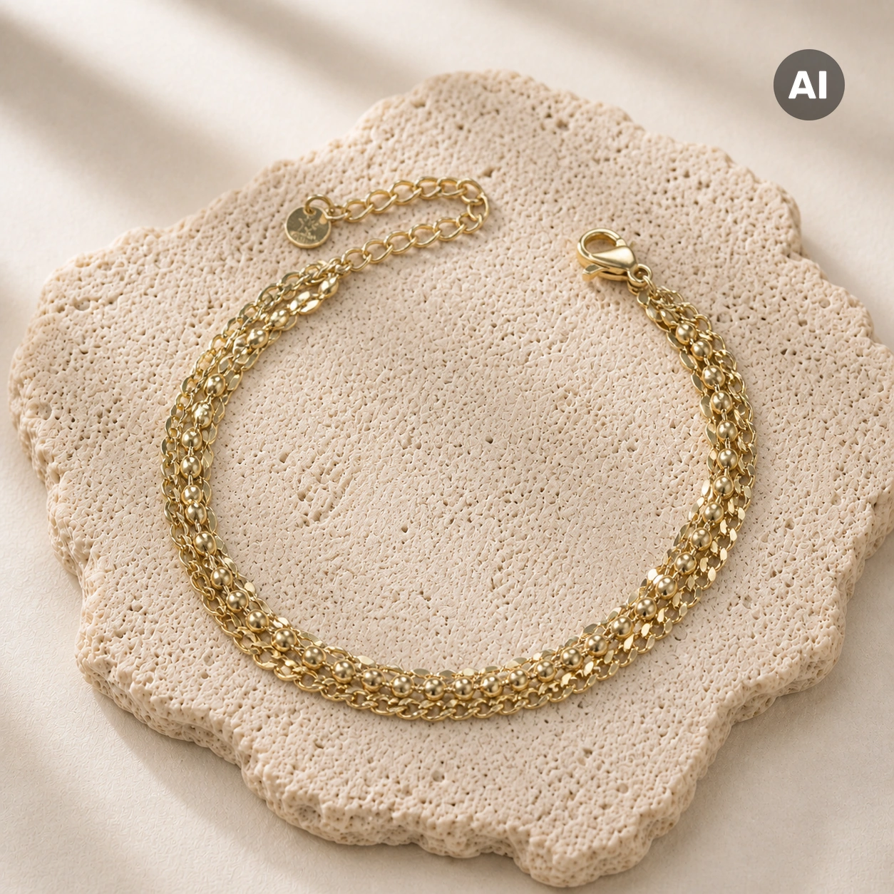 Armband mit mehrreihiger Kette und Kugel-Stationen, goldfarben