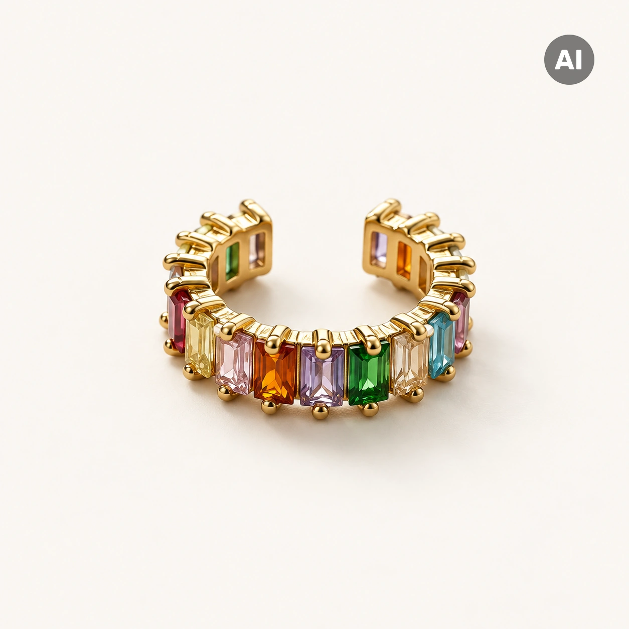 Ear Cuff mit buntem Baguette-Besatz und Kugelrand, goldfarben