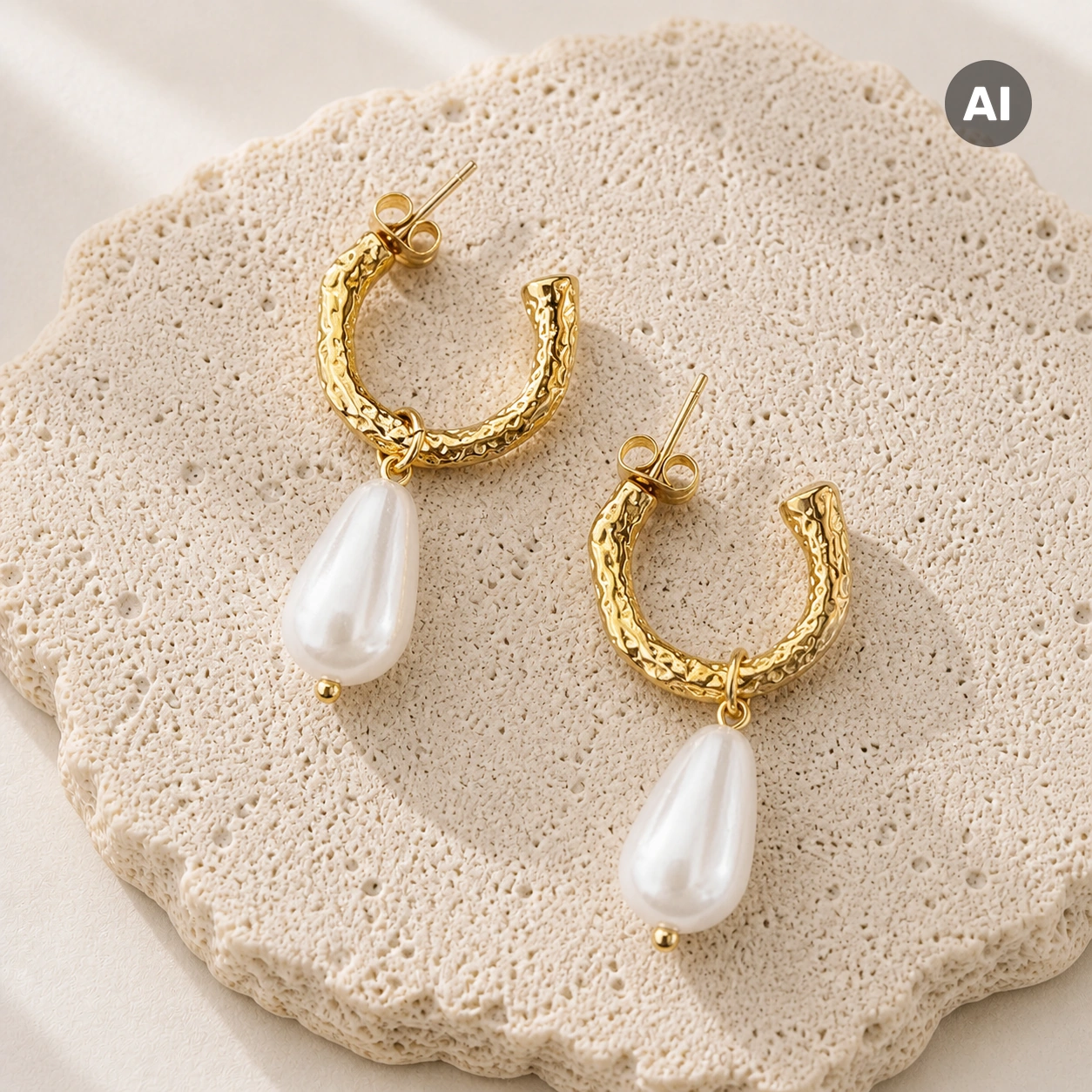Ohrringe mit gehämmertem Bügel und Süßwasserperle, goldfarben