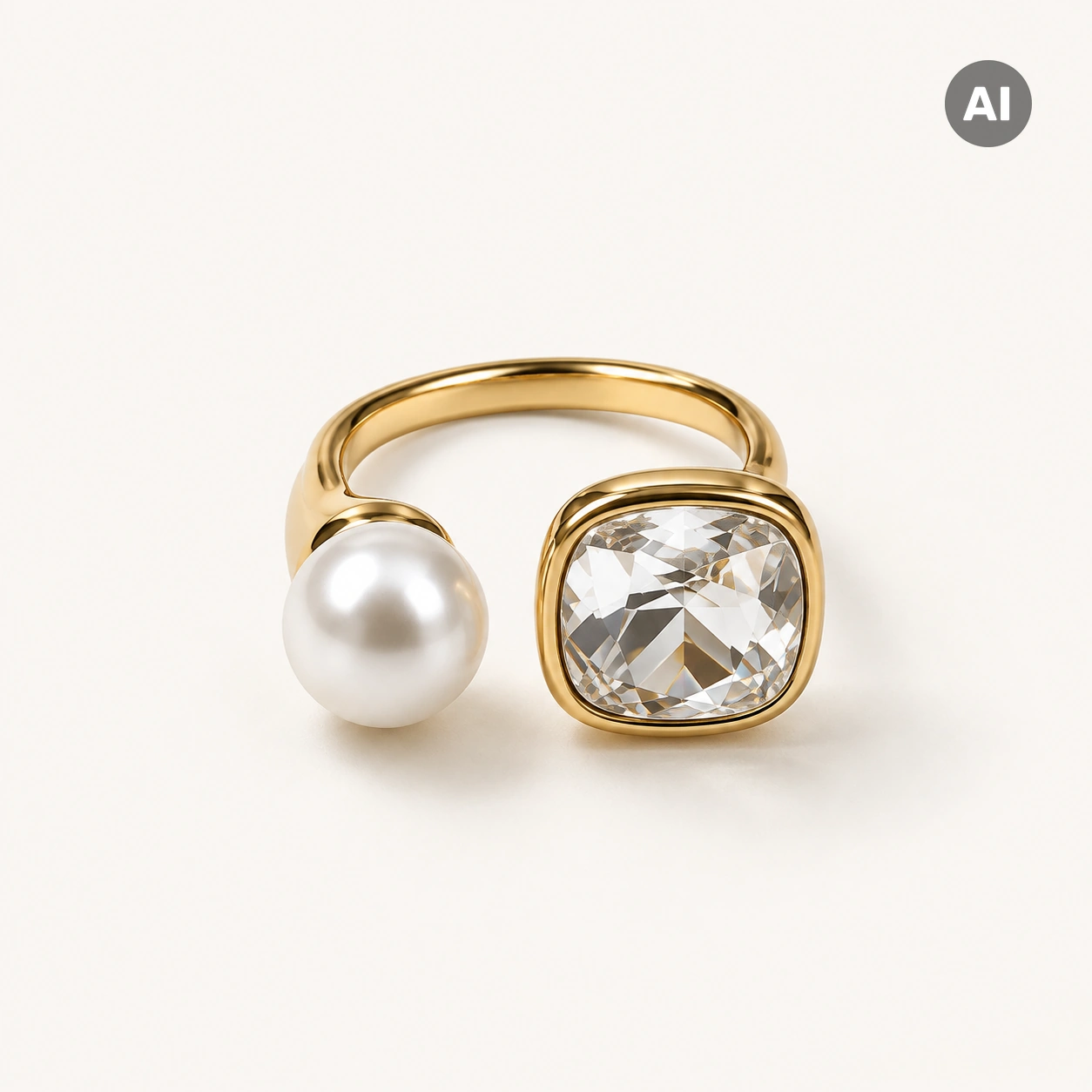 Ring mit offenem Profil, Kunstperle und Glasstein, goldfarben