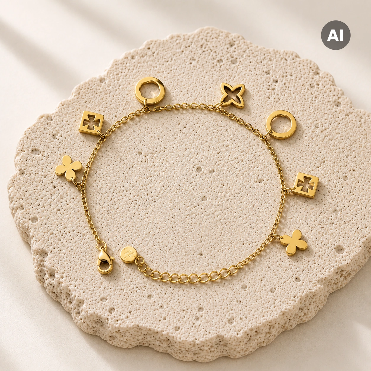 Armband mit Kleeblatt-Anhängern und Ring-Elementen, goldfarben