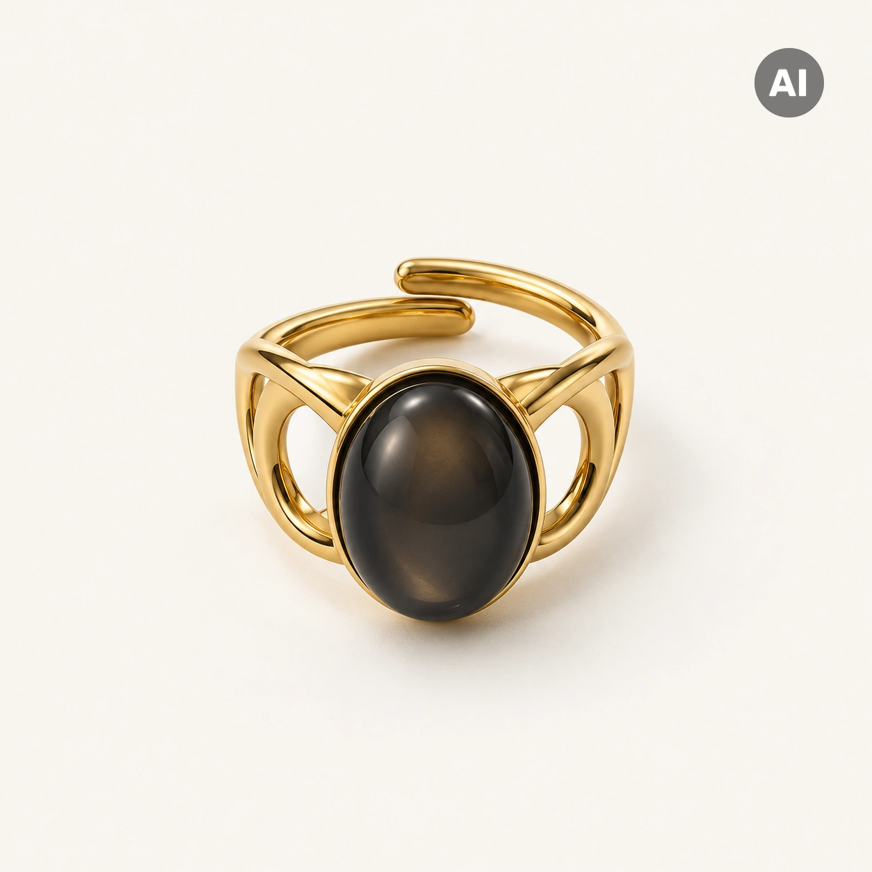 Ring mit braunem Stein in Zarge und geschwungenem Profil, goldfarben